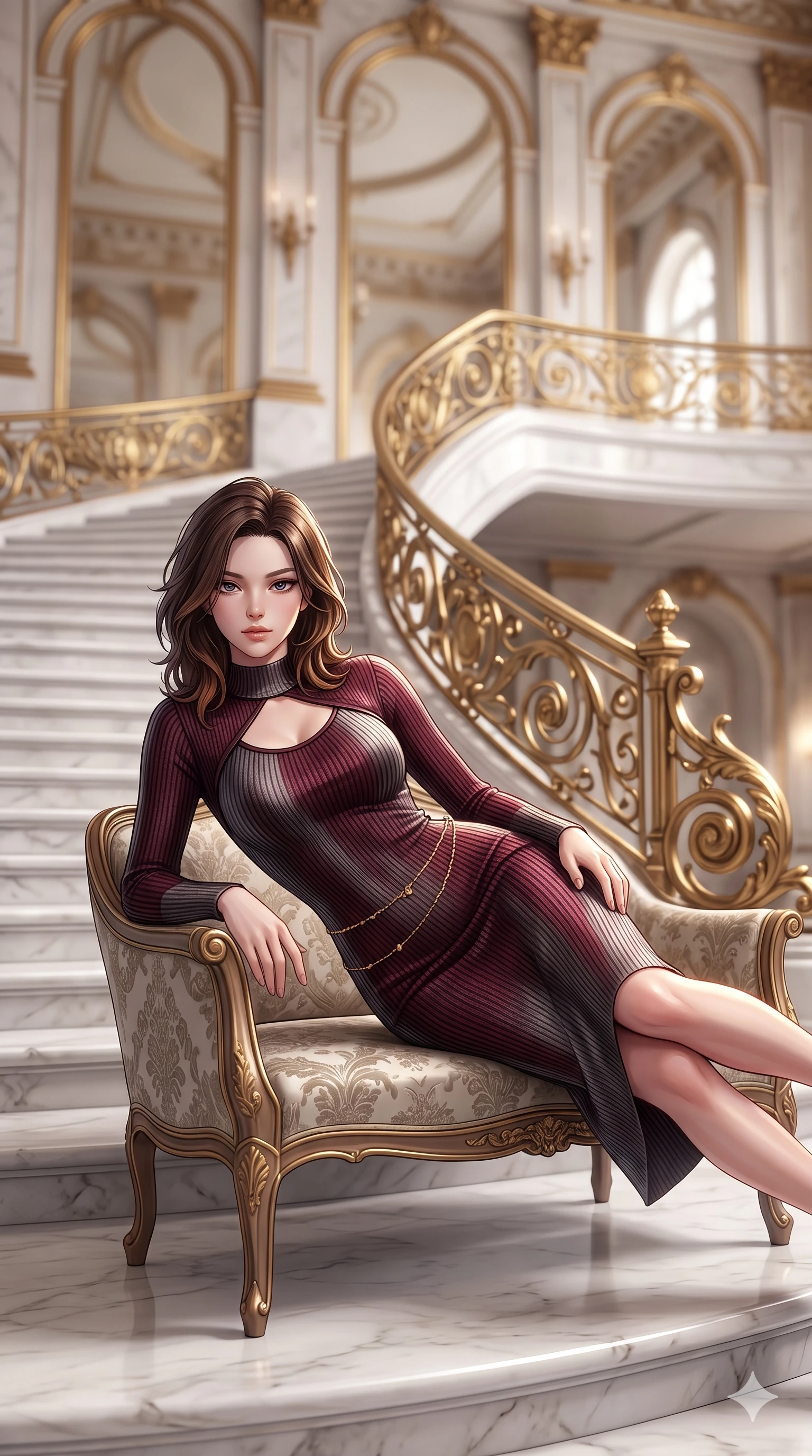 score_9, masterpiece, best quality, ultra-detailed, high-budget anime keyframe, semi-realistic 3D game render, editorial fashion photography, tasteful artistic composition, Korean woman. close-up cowboy shot from the waist and thighs up, the character dominates the composition, filling the frame with her large presence. perched sideways on the vintage settee, one knee drawn up to showcase her slender leg line while her arched back accentuates her feminine hip curve while reclining on the broad marble stair landing propped on one elbow, her long slender legs and sculpted waist commanding the opulent Belle Époque space. The background shows a soft-focus sweeping curved white marble stairs, monumental gilded bronze banister scrollwork, and towering arched palace mirrors blurred into alabaster, gold, and champagne bokeh. She has an exceptionally elegant, slender, and willowy female figure with an ultra-slim waist, flat toned midriff, narrow ribcage, and sculpted feminine hips creating an alluring, slim hourglass silhouette without bulk. sharp v-shaped jawline, high-bridge nose, intricate jewel-like sparkling eyes with depth, thick eyelashes, glossy parted lips with a natural sheen, intensely captivating and seductive bedroom-eyes expression, exuding both youthful cute charm and sovereign luxury allure, flawlessly proportioned anatomical accuracy, strict slender model proportions, natural body alignment, perfectly sculpted long slender limbs, ultra-slim waistline, clean dynamic posture without body distortion. wearing an ultra-sleek form-fitting ribbed silk-knit midi dress with elegant collar cutouts contouring her feminine hourglass silhouette in deep wine burgundy and brushed dark platinum, woven from high-density tech-wool with subtle metallic thread weave, accented with a dainty gold belly chain resting across her flat midriff and curving hips, the form-contouring cut accentuating her sculpted flat midriff, narrow delicate ribcage, and gracefully curvy hips with intoxicating allure. illuminated by white marble floor bounce and sharp diamond-gold rim lights carving her sculpted collarbones, ultra-slim waist, and curvy hips. highly saturated vibrant anime colors, detailed shading with soft gradients, rich glossy textures, high-contrast stereoscopic depth, volumetric dynamic lighting, master piece, 9:16 ratio