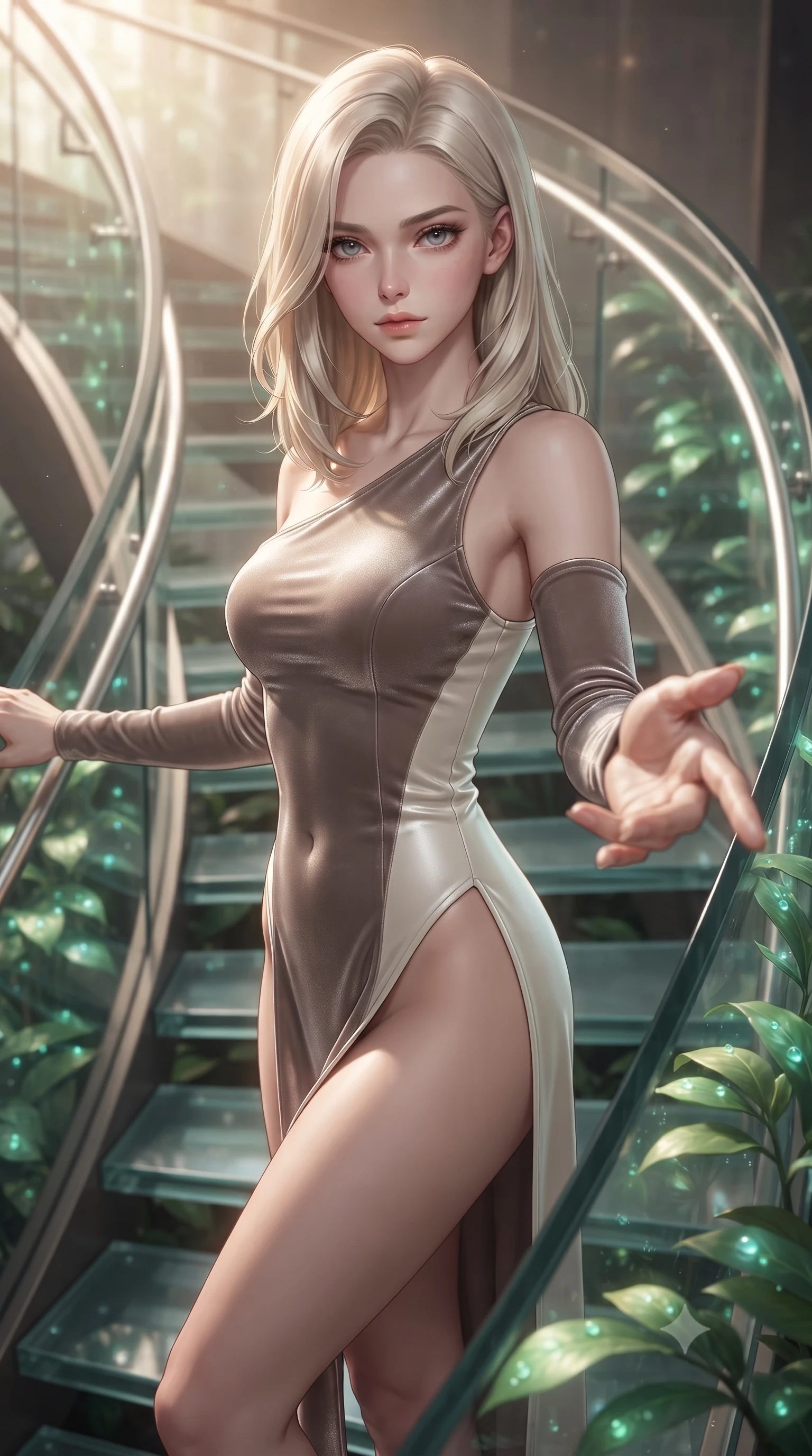 score_9, masterpiece, best quality, ultra-detailed, high-budget anime keyframe, editorial fashion photography, tasteful artistic composition, Caucasian woman. close-up cowboy shot from the waist and thighs up, the character dominates the composition, filling the frame with her large presence, background elements kept in soft focus. Reaching one hand gracefully toward the viewer with effortless superiority and allure ascending a vertical spiral glass staircase enveloped by tropical sunbeams, dewdrops on bioluminescent leaves reflecting vibrant emerald and gold. She has an exceptionally elegant, slender, and willowy female figure with an ultra-slim waist, a gracefully sculpted slender torso, and a refined silhouette. sharp v-shaped jawline, high-bridge nose, intricate jewel-like eyes with depth, thick eyelashes, glossy lips with a natural sheen. wearing an asymmetrical high-cut tech-bodysuit with detached sleeves in muted taupe and soft ivory, made of premium stretch velvet with a rich sheen, finished with a sleek side slit ascending to mid-thigh, the glove-like fit emphasizing her statuesque silhouette. bathed in warm golden sunlight and soft emerald bioluminescent glow. ultra-reflective glossy finish, specular highlights, metallic sheen, high-contrast stereoscopic depth, volumetric dynamic lighting, 2k, ultra detail, master piece, 9:16 ratio