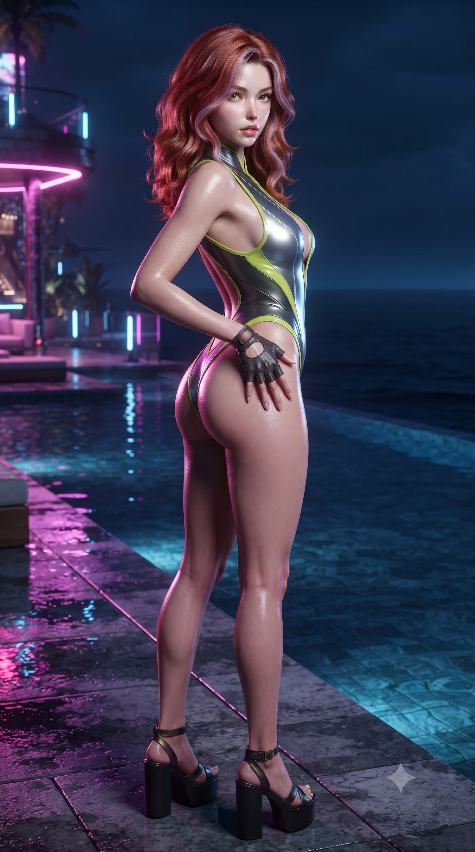 score_9, masterpiece, best quality, ultra-detailed, high-budget anime keyframe, editorial fashion photography, tasteful artistic composition, Caucasian woman. close-up cowboy shot from the waist and thighs up, the character dominates the composition, filling the frame with her large presence. resting one manicured hand delicately on her hip bone, her upper body turning in a fluid, seductive S-curve while parted lips glisten in the light while standing at the infinity pool edge with her back to the camera, twisting her torso to cast a smoldering, dangerous look over her shoulder. The surrounding environment is rendered in vivid detail and crisp panoramic clarity. high-contrast cyber-resort chiaroscuro and atmospheric midnight pool nightlife rendered in precision. She has an exceptionally elegant, slender, and willowy female figure with an ultra-slim waist, a gracefully sculpted slender torso, toned flat midriff, and rounded feminine hips creating an alluring hourglass silhouette. sharp v-shaped jawline, high-bridge nose, intricate jewel-like eyes with depth, thick eyelashes, glossy parted lips with a natural sheen, intensely captivating and seductive bedroom-eyes expression, flawlessly proportioned anatomical accuracy, strict slender model proportions, natural body alignment, perfectly sculpted long slender limbs, ultra-slim waistline, clean dynamic posture without body distortion. wearing a liquid metallic silver monokini with plunging neckline and ultra-high-cut leg openings in acid lime green and dark carbon grey, tailored from second-skin aerodynamic stretch vinyl with specular sheen, accessorized with bold platform sandals and fingerless leather gloves, the glove-like aerodynamic silhouette tightly following the natural contour of her hips and long slender legs with statuesque precision. illuminated by wet specular bounce lights accentuating her feminine waist-to-hip hourglass contour. ultra-reflective glossy finish, specular highlights, rich textural contrasts, high-contrast stereoscopic depth, volumetric dynamic lighting, 2k, ultra detail, master piece, 9:16 ratio