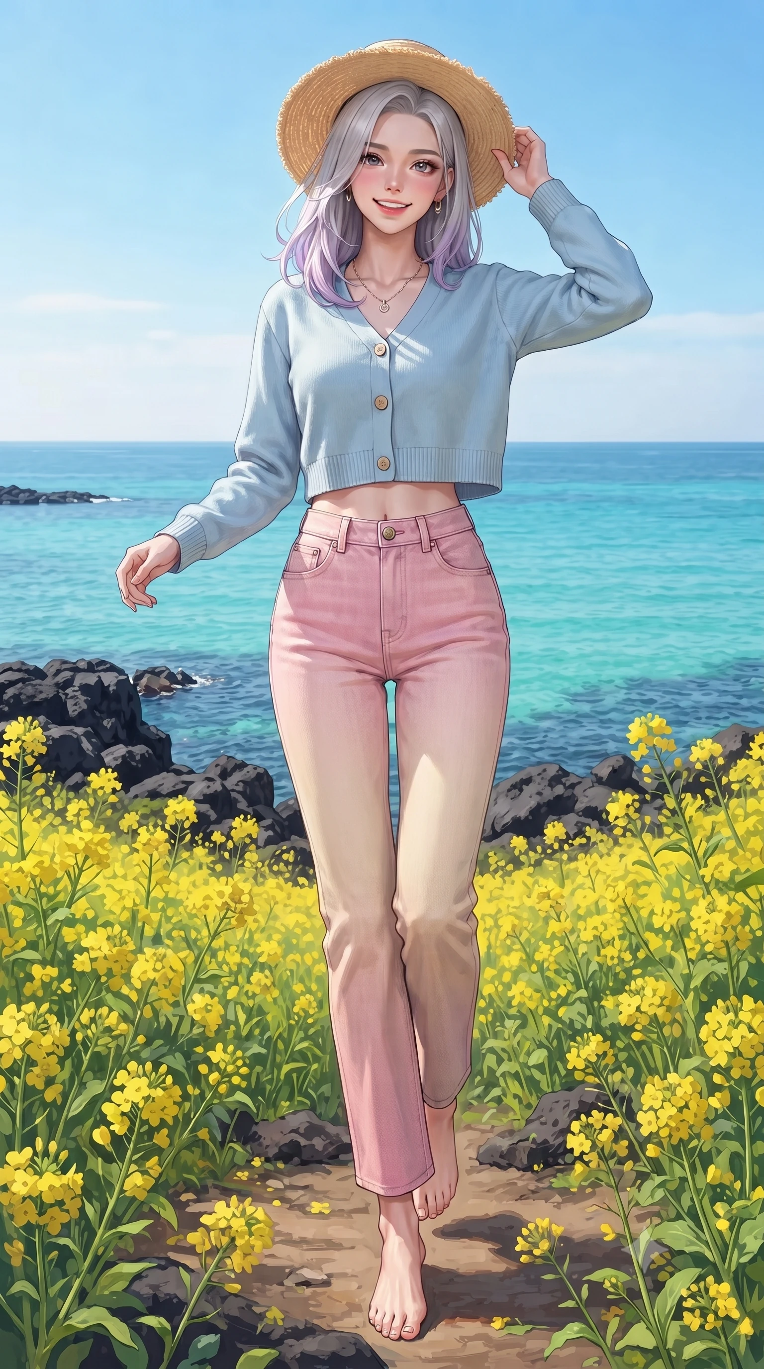 score_9, masterpiece, best quality, ultra-detailed, high-budget anime keyframe, editorial fashion photography, tasteful artistic composition, Caucasian woman. low angle full-body shot from head to toe showing her feet, filling the entire 9:16 vertical frame with her statuesque presence, stretching her vertical silhouette. stepping forward gracefully in mid-motion with a delighted cute expression, displaying her statuesque model proportions while holding her straw sunhat lightly against the ocean breeze while smiling happily into the camera. The surrounding environment is rendered in vivid detail and crisp panoramic clarity. blooming yellow canola flower fields, dark basalt sea rocks, and crystal-clear turquoise ocean stretching to the horizon. She has an absolutely perfect, statuesque 8.5-heads proportion, an exceptionally tall and slender model-like female figure with impossibly long slender legs and an ultra-slim waist. sharp v-shaped jawline, high-bridge nose, intricate jewel-like eyes with depth, thick eyelashes, glossy lips with a natural sheen, flawlessly proportioned anatomical accuracy, natural body alignment, perfectly sculpted elegant limbs, clean dynamic posture without body distortion. wearing a casual chic pastel blue cropped cardigan with high-rise straight-leg denim jeans in cherry blossom pink and soft beige, knitted from soft cozy cashmere yarn, finished with neat front wooden buttons and pocket details, the soft airy drape swaying gracefully with her dynamic movements. surrounded by a fresh, sun-drenched, and relaxing vacation atmosphere. ultra-reflective glossy finish, specular highlights, metallic sheen, high-contrast stereoscopic depth, volumetric dynamic lighting, 2k, ultra detail, master piece, 9:16 ratio