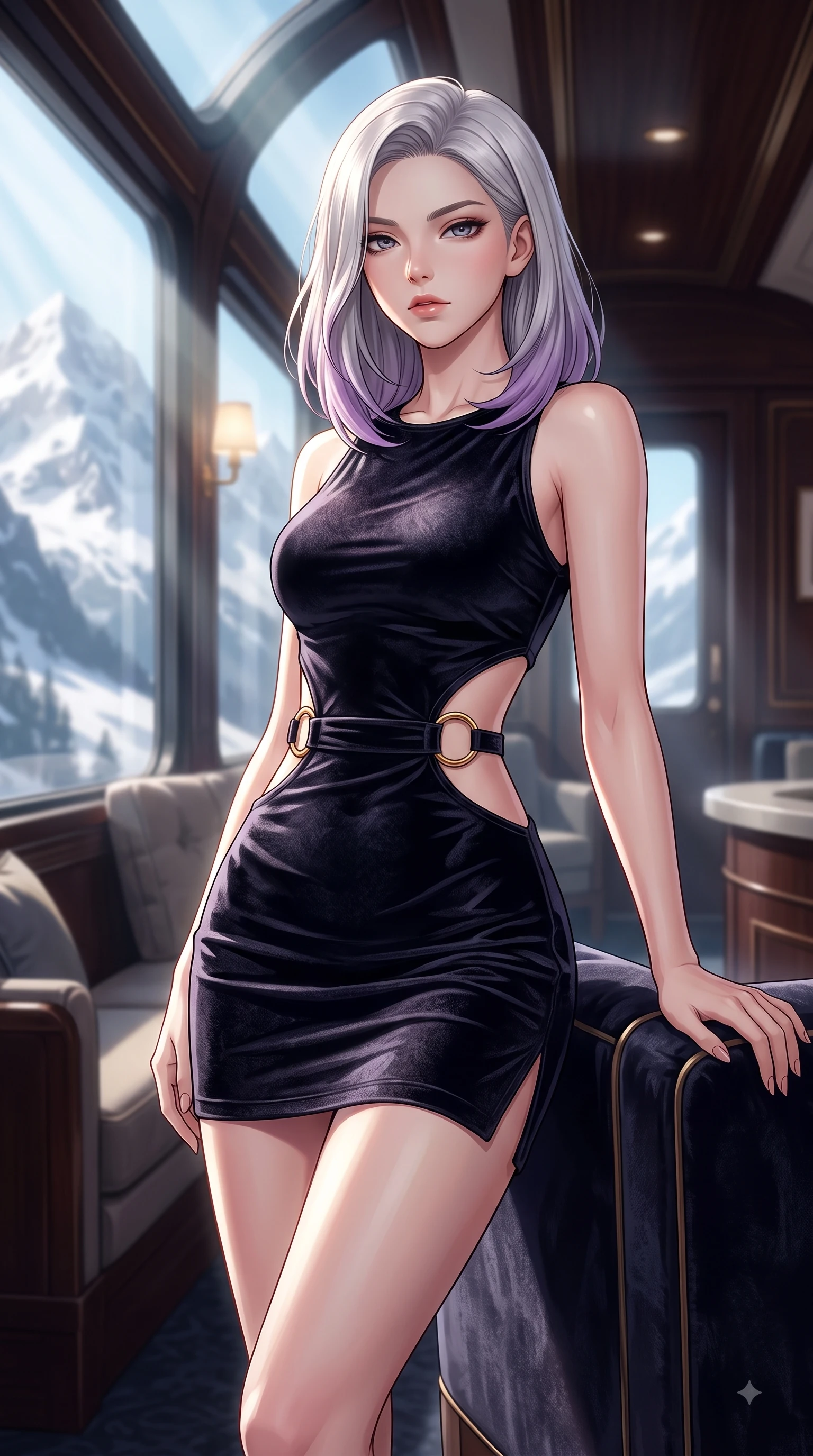 score_9, masterpiece, best quality, ultra-detailed, high-budget anime keyframe, editorial fashion photography, tasteful artistic composition, Caucasian woman woman. close-up cowboy shot from the waist and thighs up, the character dominates the composition, filling the frame with her large presence, background elements kept in soft focus. She has an exceptionally elegant, slender, and willowy female figure with an ultra-slim waist, a gracefully sculpted slender torso, and a refined silhouette. leaning back effortlessly against the surrounding architecture with an air of magnetic superiority, flawlessly proportioned anatomical accuracy, natural body alignment, perfectly sculpted elegant limbs, clean dynamic posture without body distortion. set against a soft-focus background of a winding luxury train lounge car showing snowy alpine peaks. wearing a slitted cutout bodycon mini dress in dark velvet with gold ring hardware framing her waist. bathed in crisp alpine morning sunbeams slicing through panoramic window glass. highly saturated vibrant anime colors, detailed shading with soft gradients, rich glossy textures, high-contrast stereoscopic depth, volumetric dynamic lighting, master piece, 9:16 ratio