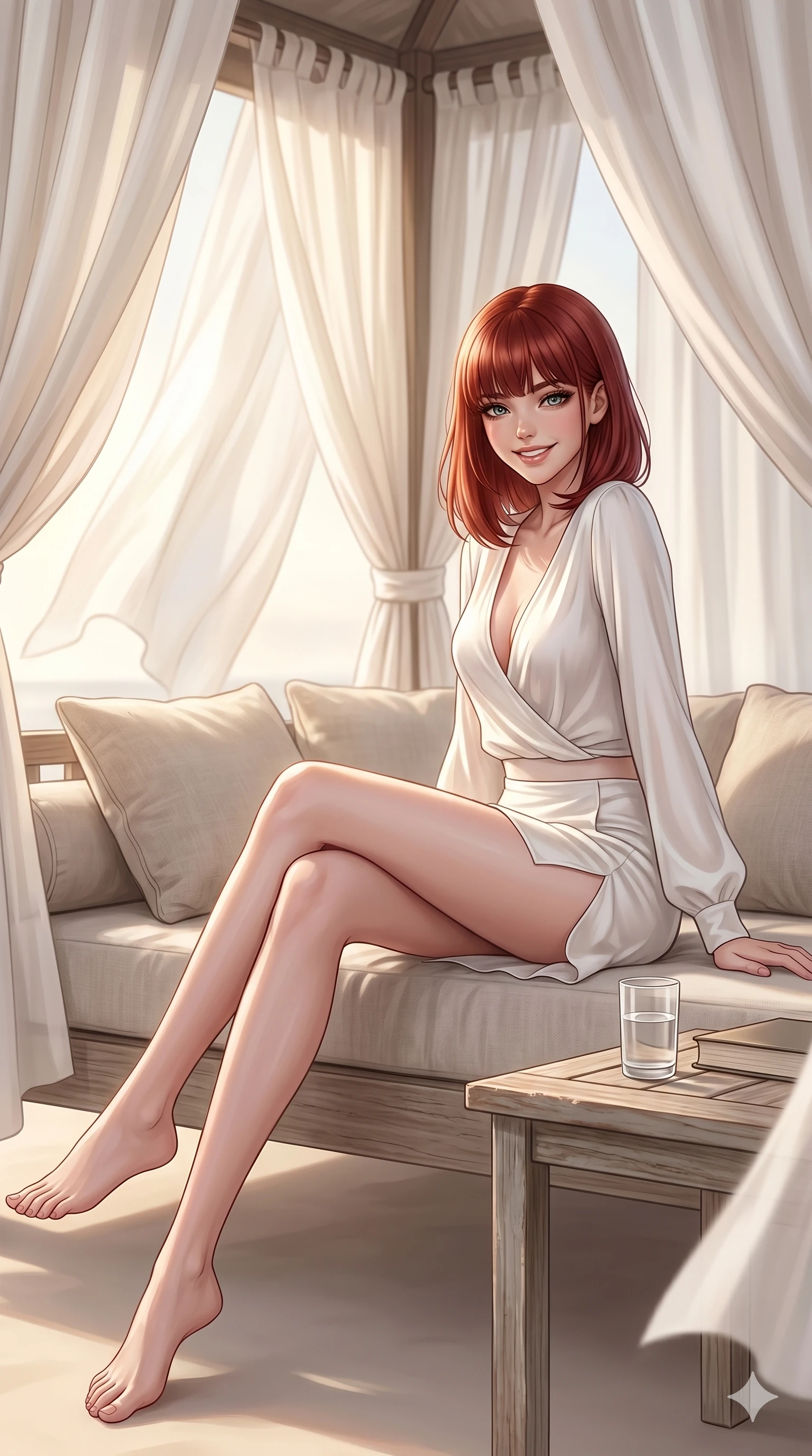 score_9, masterpiece, best quality, ultra-detailed, high-budget anime keyframe, editorial fashion photography, tasteful artistic composition, Caucasian woman, strictly human ears. cowboy shot from the thighs up, character and outfit filling the frame for maximum editorial presence. sitting on a daybed, looking back with a warm, playful grin, her expression full of charm inside a beachside gazebo with white silk curtains fluttering in the breeze. She has an absolutely perfect 8-heads proportion, an exceptionally tall and slender female figure with impossibly long slender legs and an ultra-slim waist. V-shaped jawline, high-bridge nose, intricate jewel-like eyes with depth, thick eyelashes, glossy lips with a natural sheen. wearing a lightweight white silk wrap top with a plunging V-neckline and a micro-length slit skirt. drenched in soft morning sunbeams filtering through the curtains, creating a warm glowing atmosphere. 2k, ultra detail, master piece, 9:16 ratio