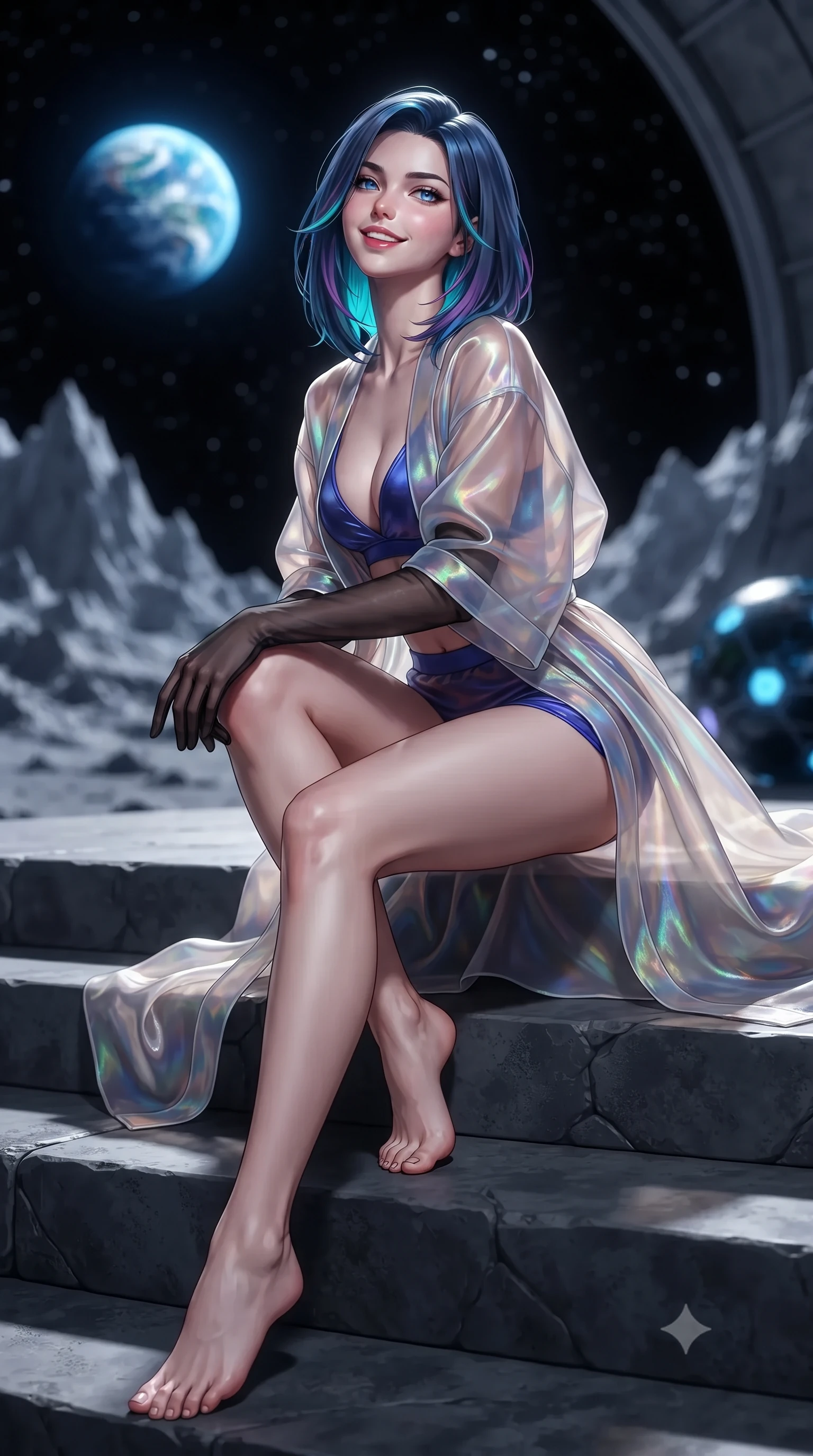 score_9, masterpiece, best quality, ultra-detailed, high-budget anime keyframe, editorial fashion photography, tasteful artistic composition, Caucasian woman. low angle full-body shot from head to toe showing her feet, filling the entire 9:16 vertical frame with her statuesque presence, stretching her vertical silhouette. sitting poised on the stone steps with one knee bent, arching her spine with supermodel elegance as she glances upward through thick eyelashes while sitting gracefully on the sculpted moon-rock bench with legs crossed, flashing an enchanting smile with parted glossy lips. The background shows a soft-focus jagged lunar peaks casting razor-sharp black shadows, glowing blue Earthrise in the starry black void, and dome structural nodes blurred into cobalt, diamond, and onyx bokeh. She has an exceptionally tall and slender model-like 8.5-heads proportion, an ultra-slim waist, a flat toned midriff, narrow delicate ribcage, and beautifully sculpted feminine hips creating a graceful, slim hourglass silhouette without any bulky heaviness, with impossibly long slender legs. sharp v-shaped jawline, high-bridge nose, intricate jewel-like sparkling eyes with depth, thick eyelashes, glossy parted lips with a natural peach sheen, bright cheerful beaming smile with an enchanting and coquettish sensual glint, exuding both youthful cute charm and seductive allure, flawlessly proportioned anatomical accuracy, strict slender model proportions, natural body alignment, perfectly sculpted long slender limbs, ultra-slim waistline, clean dynamic posture without body distortion. wearing a translucent iridescent organza kimono robe slipping off bare shoulders over a matching satin micro-bralette and shorts in Jovian amber and electric storm cobalt, made of fluid liquid jersey with seamless sculpting hold and smooth contours, complemented by sheer opera-length evening gloves tracing her slender arms, the impeccably tailored cut draping gracefully along her slender figure with aristocratic poise. illuminated by basalt tile reflection bounce and sharp Earth-blue rim lights sculpting her jawline, narrow waist, and curvy hips. ultra-reflective glossy finish, specular highlights, rich textural contrasts, high-contrast stereoscopic depth, volumetric dynamic lighting, 2k, ultra detail, master piece, 9:16 ratio