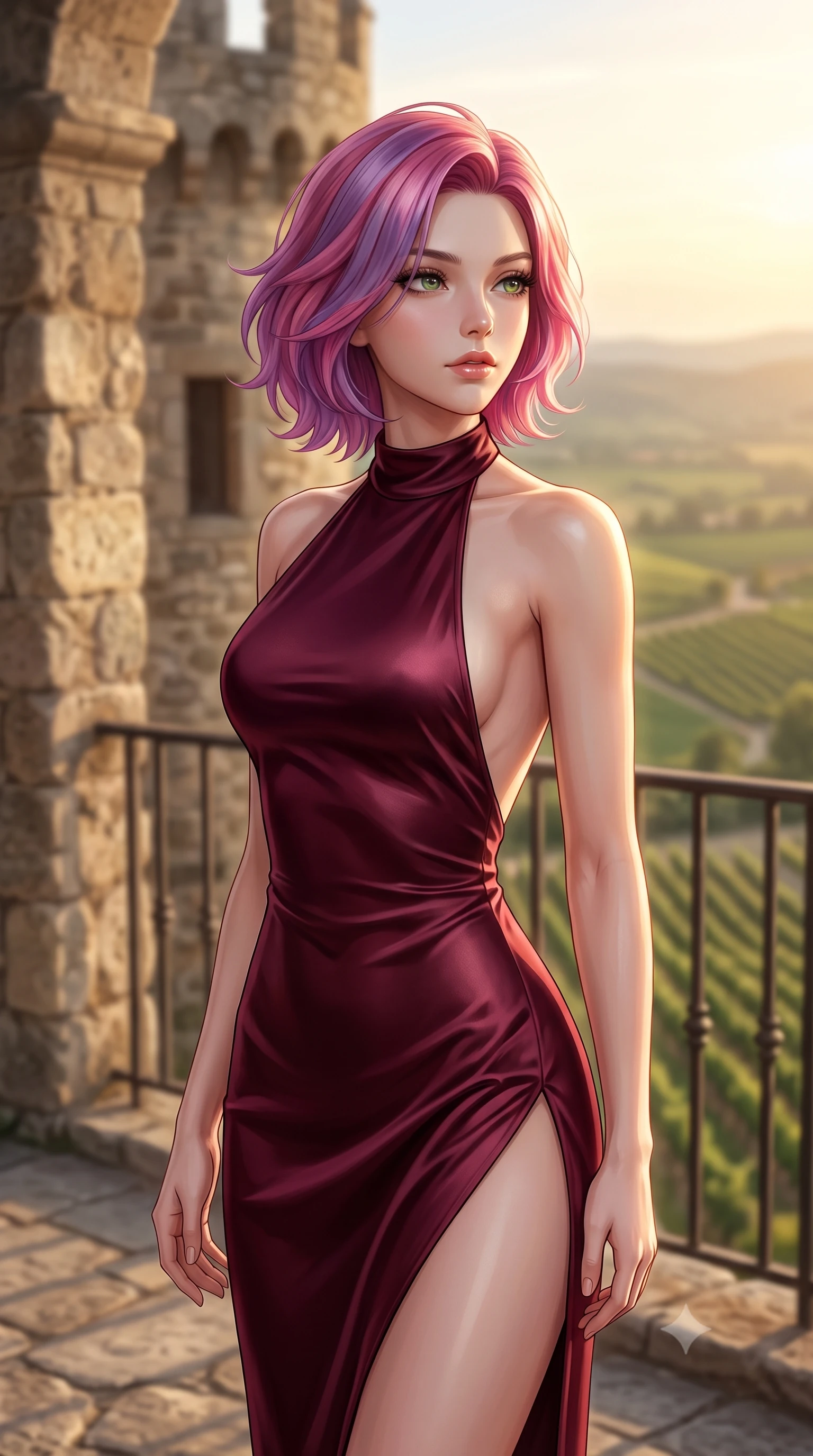 score_9, masterpiece, best quality, ultra-detailed, high-budget anime keyframe, editorial fashion photography, tasteful artistic composition, Caucasian woman woman. close-up cowboy shot from the waist and thighs up, the character dominates the composition, filling the frame with her large presence, background elements kept in soft focus. looking past the camera with a peaceful, thoughtful gaze, enjoying the warm sunlight the background shows a soft-focus a stone terrace of an old castle, looking down at a vast valley of green vineyards. She has an exceptionally elegant, slender, and willowy female figure with an ultra-slim waist, a gracefully sculpted slender torso, and a refined silhouette. sharp v-shaped jawline, high-bridge nose, intricate jewel-like eyes with depth, thick eyelashes, glossy lips with a natural sheen. wearing a form-contouring high-slit satin gown in deep burgundy with an elegant halter neck and open back. late afternoon sun casting a majestic golden glow over the stone walls. 2k, ultra detail, master piece, 9:16 ratio