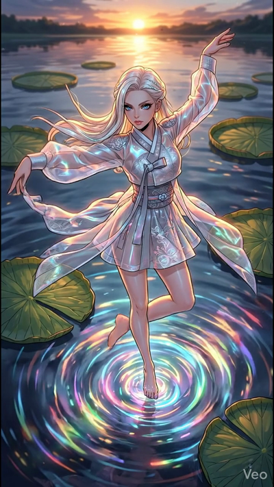 A high-quality 8-second video of a beautiful blonde woman in a translucent, iridescent modern Hanbok dancing gracefully on the surface of a calm lake at sunset. As she moves, her feet create glowing, rainbow-colored ripples that spread across the wat