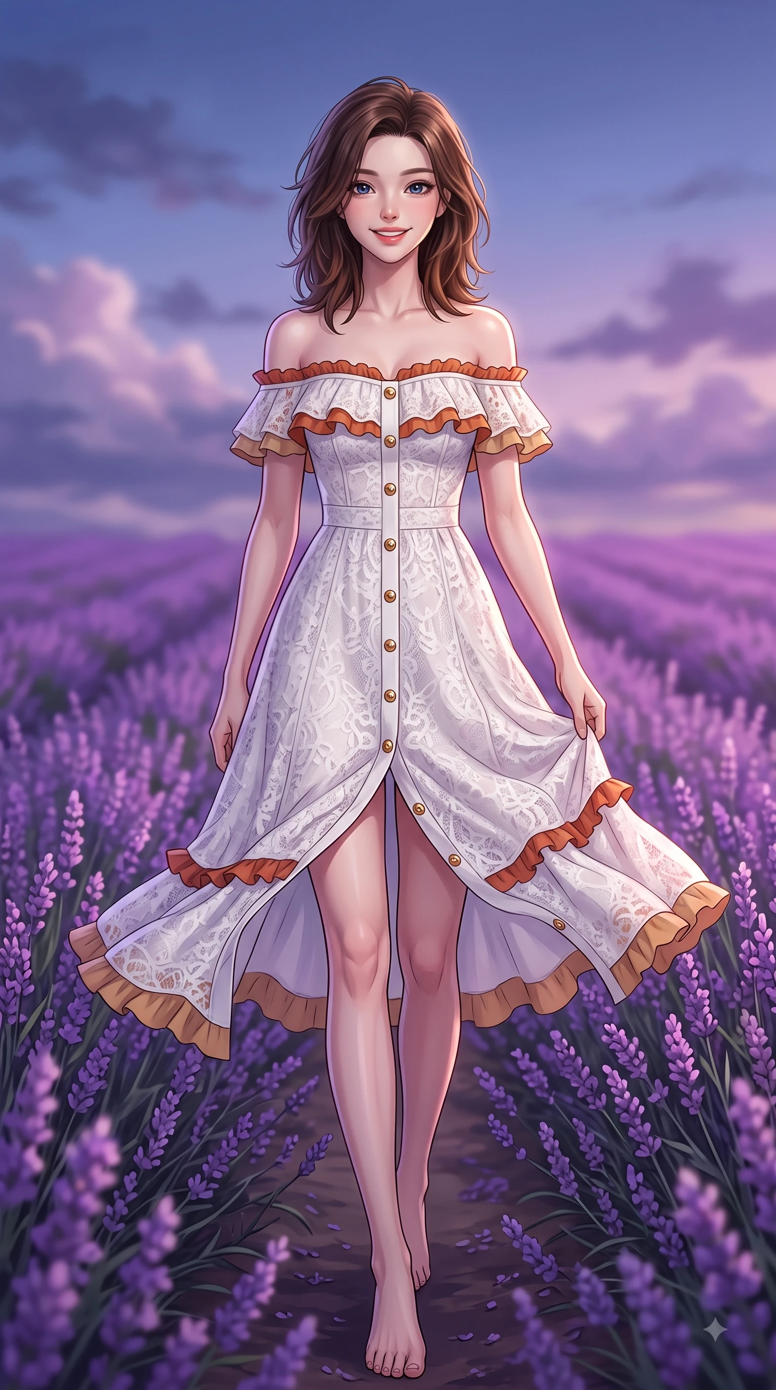 score_9, masterpiece, best quality, ultra-detailed, high-budget anime keyframe, editorial fashion photography, tasteful artistic composition, Korean woman. low angle full-body shot from head to toe showing her feet, filling the entire 9:16 vertical frame with her statuesque presence, stretching her vertical silhouette. Youthful cheerful smile exuding cute playful charm and radiant sparkle in her eyes while walking gracefully through an endless field of blooming purple lavender under a twilight sky. The composition keeps background elements in soft focus with dreamy bokeh. swaying flower stems and soft twilight skies softened by gentle shallow depth of field. She has an absolutely perfect, statuesque 8.5-heads proportion, an exceptionally tall and slender model-like female figure with impossibly long slender legs and an ultra-slim waist. sharp v-shaped jawline, high-bridge nose, intricate jewel-like eyes with depth, thick eyelashes, glossy lips with a natural sheen, flawlessly proportioned anatomical accuracy, natural body alignment, perfectly sculpted elegant limbs, clean dynamic posture without body distortion. wearing a chic white lace off-shoulder midi dress decorated with delicate ruffle trims in burnt orange and warm camel beige, crafted from soft breathable Italian linen, finished with gold metallic hardware buttons along the front, the fluid drape swaying gracefully with her dynamic editorial movement. illuminated by soft ambient lavender reflections and delicate rim highlights. highly saturated vibrant anime colors, detailed shading with soft gradients, rich glossy textures, high-contrast stereoscopic depth, volumetric dynamic lighting, master piece, 9:16 ratio