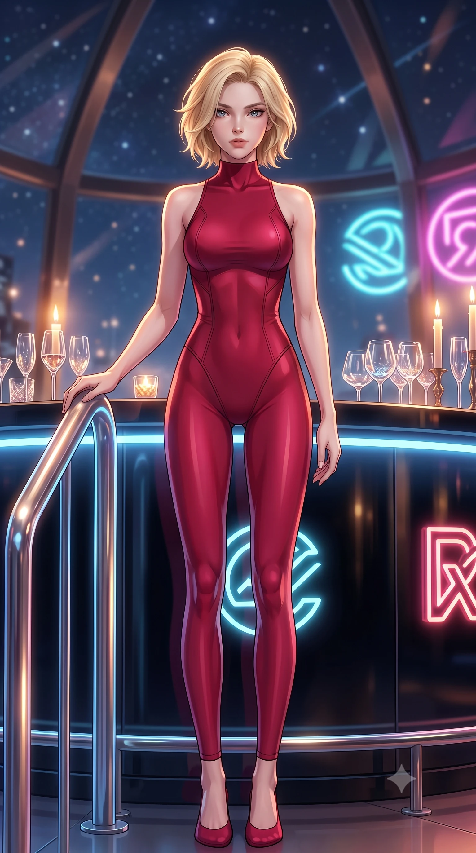 score_9, masterpiece, best quality, ultra-detailed, high-budget anime keyframe, editorial fashion photography, tasteful artistic composition, Caucasian woman. low angle full-body shot from head to toe showing her feet, filling the entire 9:16 vertical frame with her statuesque presence, stretching her vertical silhouette. standing in a tall, confident posture with one hand on a glowing metal railing, stretching her statuesque body, the background shows a soft-focus a solarium bar with a polished obsidian counter reflecting neon logos. She has an absolutely perfect, statuesque 8.5-heads proportion, an exceptionally tall and slender model-like female figure with impossibly long slender legs and an ultra-slim waist. sharp v-shaped jawline, high-bridge nose, intricate jewel-like eyes with depth, thick eyelashes, glossy lips with a natural sheen. wearing a form-contouring form-contouring high-neck bodycon suit in deep crimson, contouring her athletic build like a second skin. soft starlight and warm candlelight refracting through crystal glasses. highly saturated vibrant anime colors, detailed shading with soft gradients, rich glossy textures, high-contrast stereoscopic depth, volumetric dynamic lighting, master piece, 9:16 ratio