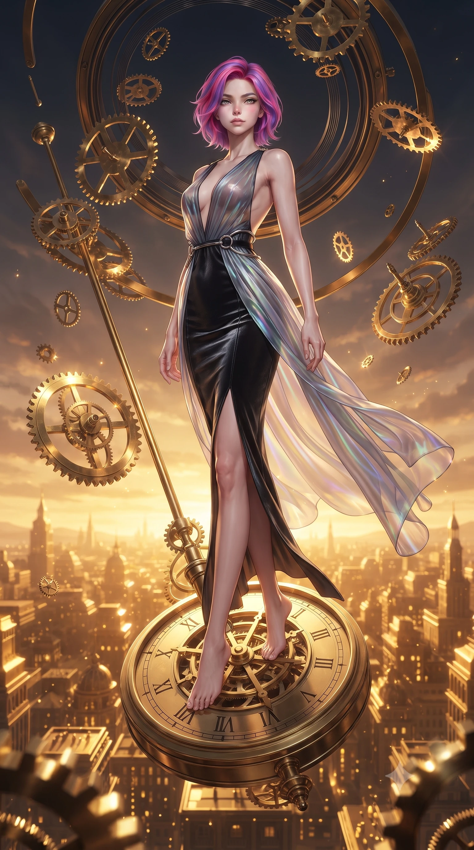 score_9, masterpiece, best quality, ultra-detailed, high-budget anime keyframe, editorial fashion photography, tasteful artistic composition, Caucasian woman. low angle full-body shot from head to toe showing her feet, filling the entire 9:16 vertical frame with her statuesque presence, stretching her vertical silhouette. navigating the luminous space with effortless poise, displaying her perfect model proportions poised on a massive mechanical clock pendulum swinging over a golden city, floating brass gears and clocksprings casting intricate metallic reflections. She has an absolutely perfect, statuesque 8.5-heads proportion, an exceptionally tall and slender model-like female figure with impossibly long slender legs and an ultra-slim waist. sharp v-shaped jawline, high-bridge nose, intricate jewel-like eyes with depth, thick eyelashes, glossy lips with a natural sheen. wearing a translucent iridescent chiffon gown with a plunging neckline and open back in matte black and polished silver, made of premium stretch velvet with a rich sheen, accented with delicate chrome ring hardware framing her waist, the form-contouring material highlighting her ultra-slim waist and long lines. bathed in warm twilight amber backlighting and rich metallic specular glow. highly saturated vibrant anime colors, detailed shading with soft gradients, rich glossy textures, high-contrast stereoscopic depth, volumetric dynamic lighting, master piece, 9:16 ratio