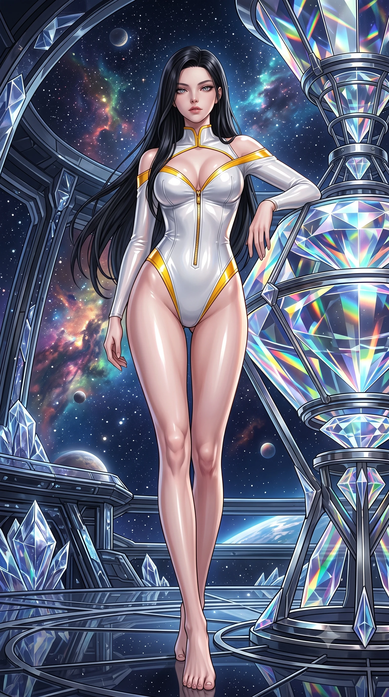 score_9, masterpiece, best quality, ultra-detailed, high-budget anime keyframe, semi-realistic 3D game render, editorial fashion photography, tasteful artistic composition, Korean woman. low angle full-body shot from head to toe showing her feet, filling the entire 9:16 vertical frame with her statuesque presence, stretching her vertical silhouette. striding forward in a proud, statuesque motion with a dangerous smolder, her vertical silhouette dominating the frame from head to toe while leaning against a giant diamond prism telescope with an alluring, celestial gaze looking directly into the camera. The surrounding environment is rendered in vivid detail and crisp panoramic clarity. dramatic space chiaroscuro and transcendent cosmic architecture rendered in panoramic precision. She has an absolutely perfect, statuesque 8.5-heads proportion, an exceptionally tall and slender model-like female figure with impossibly long slender legs, a toned flat midriff, and an ultra-slim waist. sharp v-shaped jawline, high-bridge nose, intricate jewel-like eyes with depth, thick eyelashes, glossy lips with a natural sheen, flawlessly proportioned anatomical accuracy, strict slender model proportions, natural body alignment, perfectly sculpted long slender limbs, ultra-slim waistline, clean dynamic posture without body distortion. wearing a glossy white second-skin latex bodysuit with high-thigh cuts, exposed clavicle neckline, and gleaming zipper details in vibrant sunburst canary yellow and gold trim, crafted from ultra-reflective second-skin latex with a high-gloss glass-like polish, finished with an ultra-high side slit secured by miniature magnetic clasps, the sleek second-skin cut tightly hugging her graceful clavicle, narrow waist, and feminine curves with athletic precision. illuminated by crisp diamond-specular highlights tracing her sculpted collarbones, waist, and slender limbs. highly saturated vibrant anime colors, detailed shading with soft gradients, rich glossy textures, high-contrast stereoscopic depth, volumetric dynamic lighting, master piece, 9:16 ratio