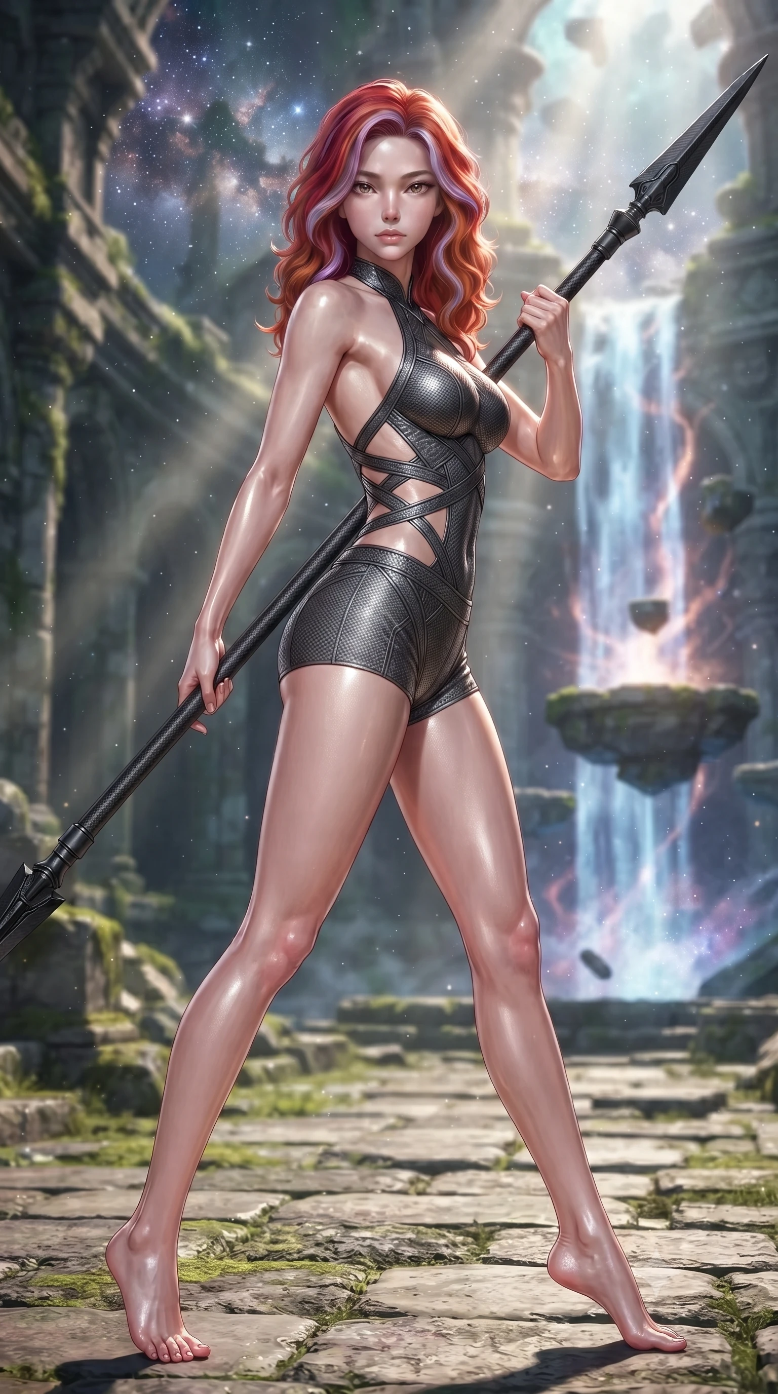 score_9, masterpiece, best quality, ultra-detailed, high-budget anime keyframe, editorial fashion photography, tasteful artistic composition, Caucasian woman. low angle full-body shot from head to toe showing her feet, filling the entire 9:16 vertical frame with her statuesque presence, stretching her vertical silhouette. standing in a dynamic combat stance with a carbon-fiber spear held diagonally, stretching her statuesque body, the background shows a soft-focus a ruins courtyard with levitating stone platforms near the energy waterfall. She has an absolutely perfect, statuesque 8.5-heads proportion, an exceptionally tall and slender model-like female figure with impossibly long slender legs and an ultra-slim waist. sharp v-shaped jawline, high-bridge nose, intricate jewel-like eyes with depth, thick eyelashes, glossy lips with a natural sheen. wearing a tailored backless halter-neck combat top with criss-cross strapping, paired with carbon-alloy micro-shorts. dappled starlight filtering through cosmic dust clouds, creating light rays. ultra-reflective glossy finish, specular highlights, metallic sheen, high-contrast stereoscopic depth, volumetric dynamic lighting, 2k, ultra detail, master piece, 9:16 ratio