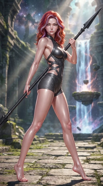 score_9, masterpiece, best quality, ultra-detailed, high-budget anime keyframe, editorial fashion photography, tasteful artistic composition, Caucasian woman. low angle full-body shot from head to toe showing her feet, filling the entire 9:16 vertica