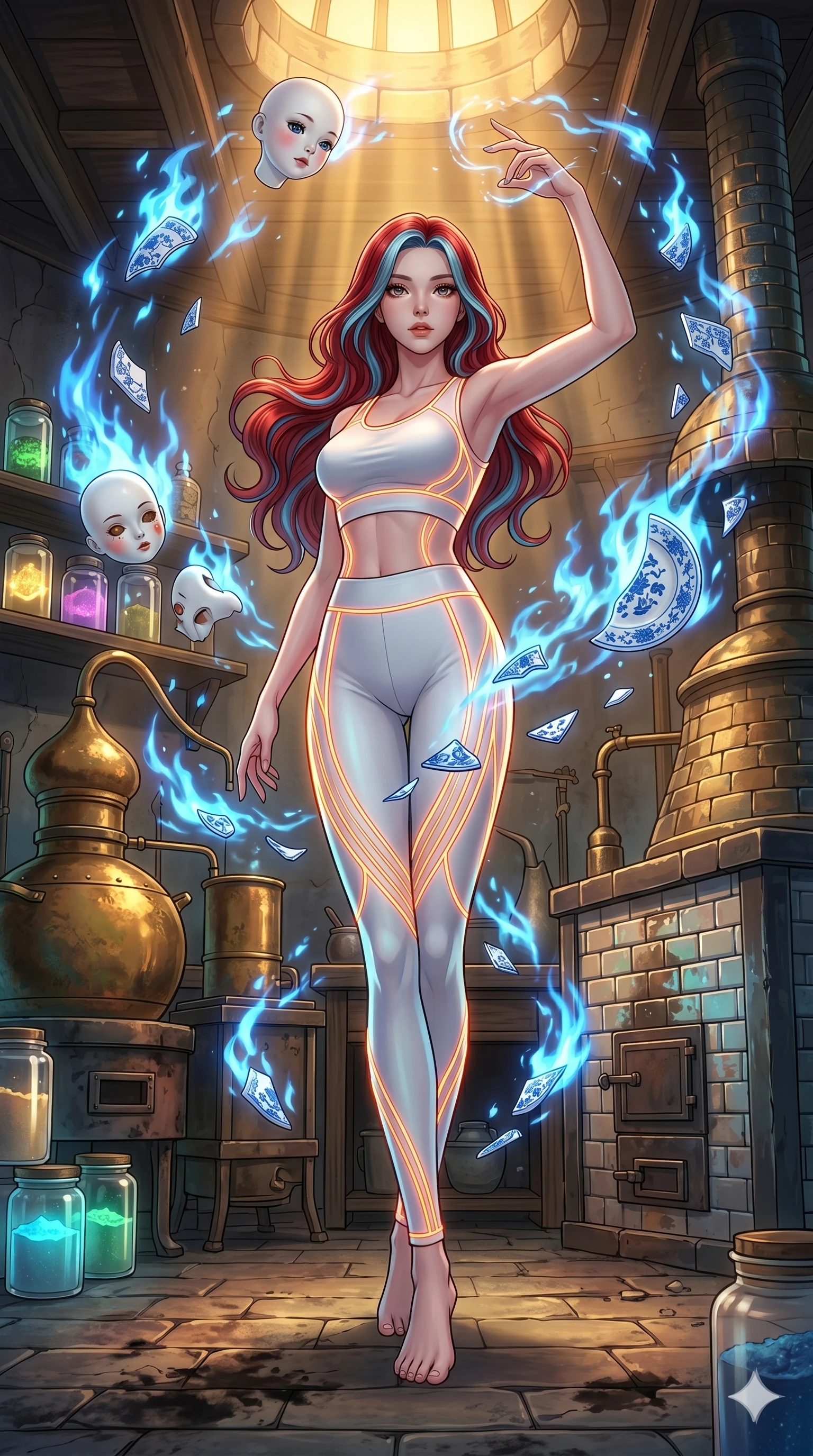 score_9, masterpiece, best quality, ultra-detailed, high-budget anime keyframe, Japanese woman. low angle full-body shot filling the entire 9:16 frame with her statuesque presence, stretching the vertical silhouette. assisting in an alchemical porcelain workshop where floating white bisque doll parts and blue porcelain shards swirl amidst blue alchemical flames. She has an absolutely perfect 8-heads proportion, an exceptionally tall and slender female figure with impossibly long slender legs and an ultra-slim waist. V-shaped jawline, high-bridge nose, intricate jewel-like eyes with depth, thick eyelashes, glossy lips with a natural sheen.. wearing a neon filament athleisure set, featuring a tight white crop top and matching leggings woven with glowing orange neon filaments, highlighting her slender body contour. showcasing a beautiful play of light and shadow, with warm golden rays clashing against cool cyan highlights. 2k, ultra detail, master piece, 9:16 ratio