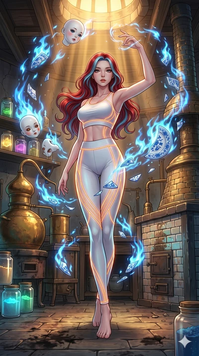 score_9, masterpiece, best quality, ultra-detailed, high-budget anime keyframe, Japanese woman. low angle full-body shot filling the entire 9:16 frame with her statuesque presence, stretching the vertical silhouette. assisting in an alchemical porcel