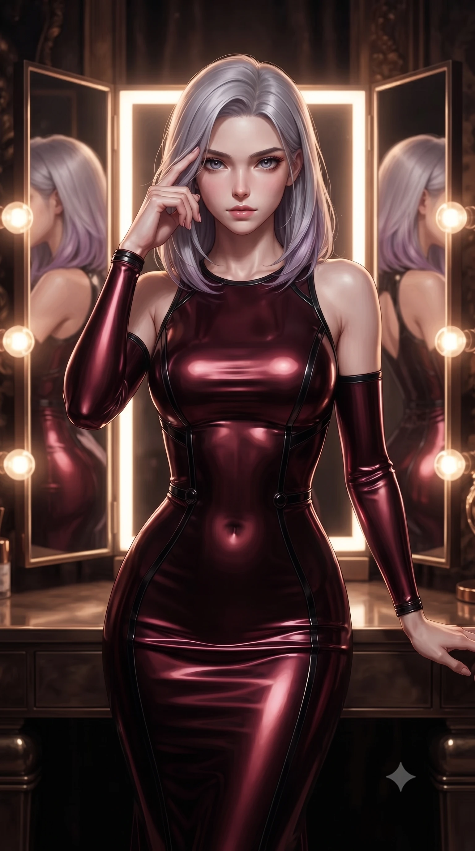 score_9, masterpiece, best quality, ultra-detailed, high-budget anime keyframe, editorial fashion photography, tasteful artistic composition, Caucasian woman. close-up cowboy shot from the waist and thighs up, the character dominates the composition, filling the frame with her large presence, background elements kept in soft focus. Pressing two fingers to her temple in a composed, sharp thoughtful gesture, looking into the lighted vanity glass with direct magnetic self-assurance, trifold mirror reflecting multiple angles of her slender, statuesque silhouette. She has an exceptionally elegant, slender, and willowy female figure with an ultra-slim waist, a gracefully sculpted slender torso, and a refined silhouette. sharp v-shaped jawline, high-bridge nose, intricate jewel-like eyes with depth, thick eyelashes, glossy lips with a natural sheen. wearing sculpted form-fitting dark velvet column gown in pitch black in deep crimson burgundy, made of liquid dark mercury jersey, adorned with minimalist black onyx hardware framing the silhouette, following her slender form with tailored precision. illuminated by warm glowing vanity bulbs casting multi-directional rim lights. ultra-reflective glossy finish, specular highlights, metallic sheen, high-contrast stereoscopic depth, volumetric dynamic lighting, 2k, ultra detail, master piece, 9:16 ratio