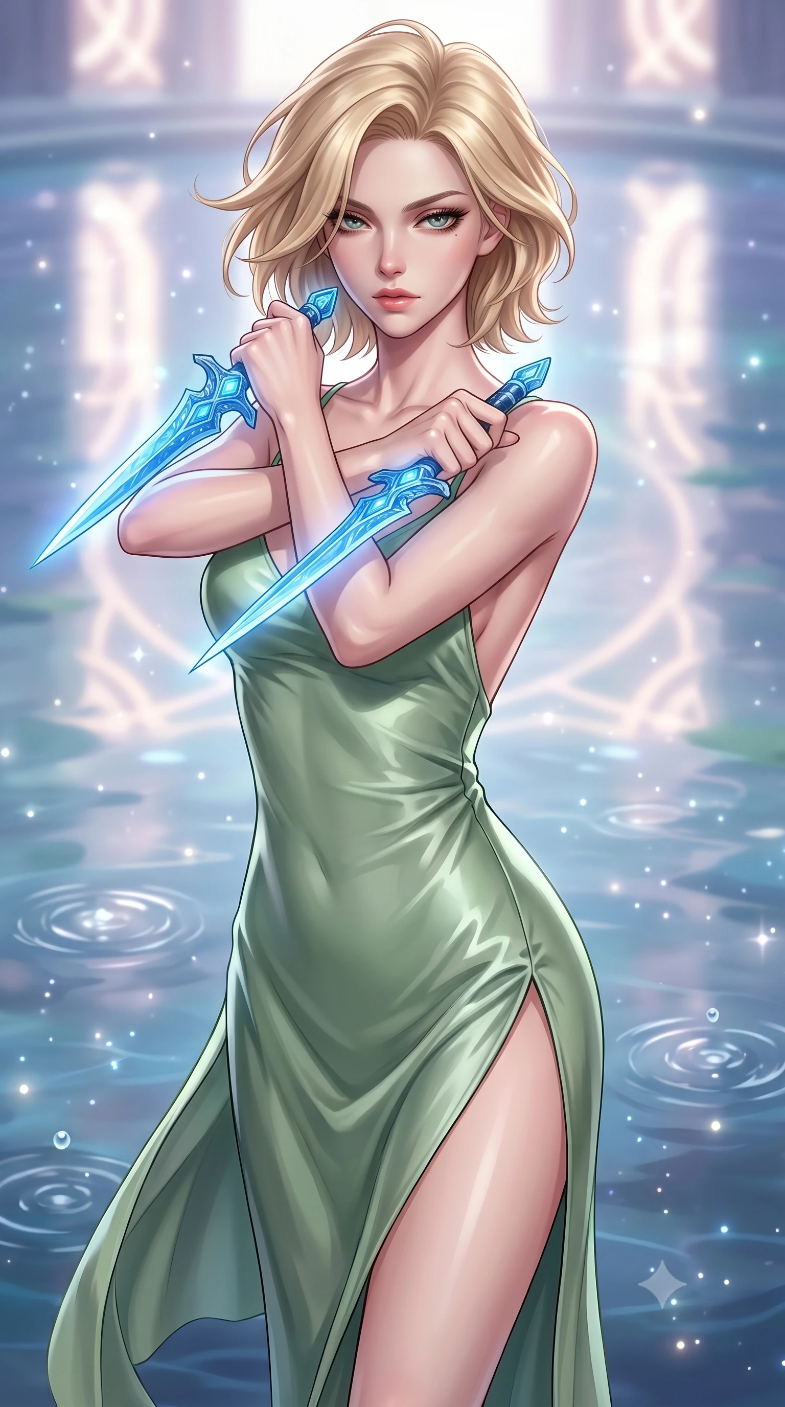 score_9, masterpiece, best quality, ultra-detailed, high-budget anime keyframe, editorial fashion photography, tasteful artistic composition, Caucasian woman. close-up cowboy shot from the waist and thighs up, the character dominates the composition, filling the frame with her large presence, background elements kept in soft focus. holding two energy daggers crossed in front of her elegant collarbone, casting a heavy-lidded, sultry look, the background shows a soft-focus a quiet sanctuary of stilled-water pools where ripples never disappear. She has an exceptionally elegant, slender, and willowy female figure with an ultra-slim waist, a gracefully sculpted slender torso, and a refined silhouette. sharp v-shaped jawline, high-bridge nose, intricate jewel-like eyes with depth, thick eyelashes, glossy lips with a natural sheen. wearing a form-contouring lightweight silk combat slip dress in sage green, featuring a high side slit and a low-cut back. soft starlight reflecting on the perfectly frozen water surface. highly saturated vibrant anime colors, detailed shading with soft gradients, rich glossy textures, high-contrast stereoscopic depth, volumetric dynamic lighting, master piece, 9:16 ratio