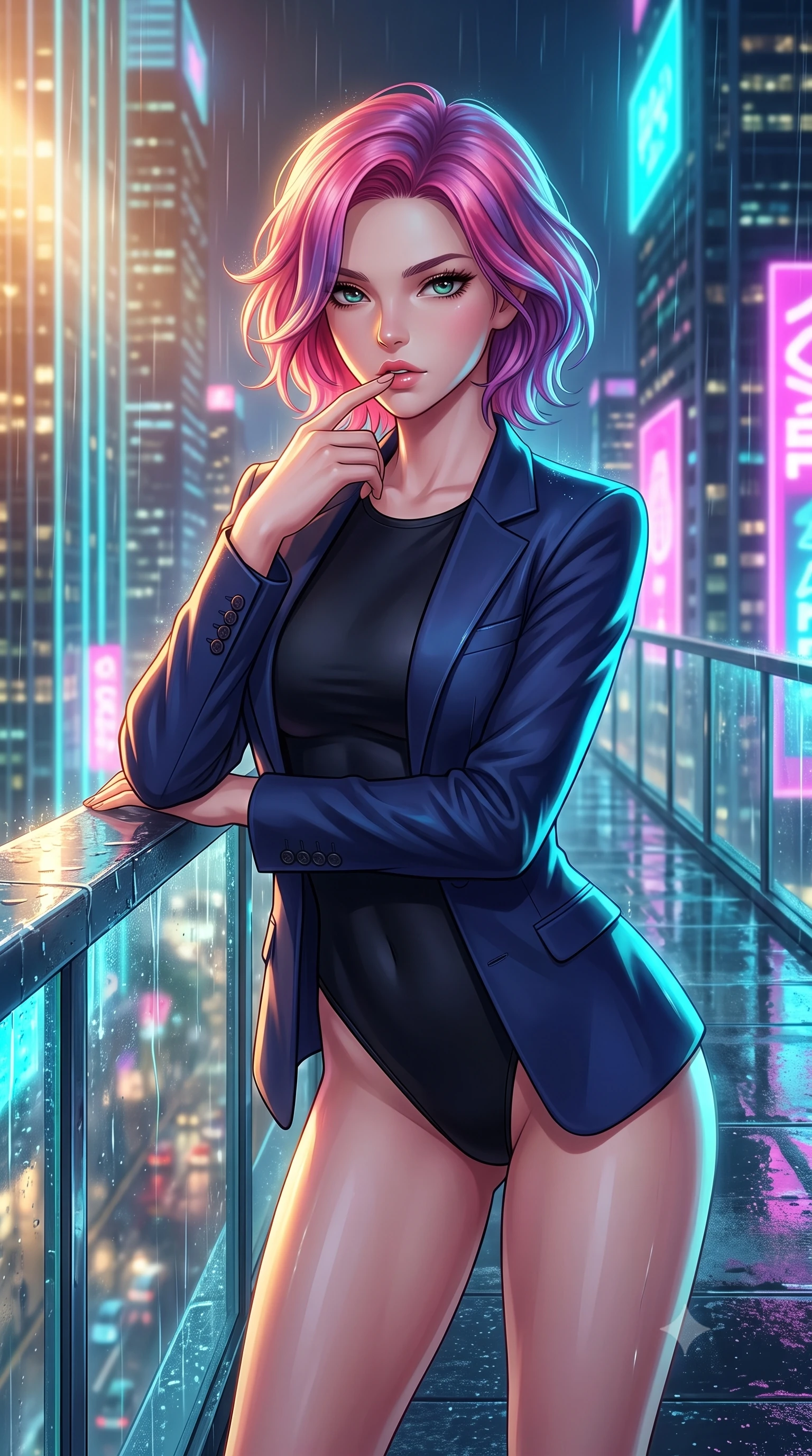 score_9, masterpiece, best quality, ultra-detailed, high-budget anime keyframe, editorial fashion photography, tasteful artistic composition, Caucasian woman. close-up cowboy shot from the waist and thighs up, the character dominates the composition, filling the frame with her large presence, background elements kept in soft focus. pressing one finger to her bottom lip in a thoughtful, seductive gesture under the warm sun the background shows a soft-focus a rain-slicked glass skybridge extending between two neon-lit skyscrapers at midnight. She has an exceptionally elegant, slender, and willowy female figure with an ultra-slim waist, a gracefully sculpted slender torso, and a refined silhouette. sharp v-shaped jawline, high-bridge nose, intricate jewel-like eyes with depth, thick eyelashes, glossy lips with a natural sheen. wearing a tailored sleek tailored blazer in navy blue worn closed over a tight-fitting black bodysuit. vibrant cyan and magenta neon rim lights refracting through wet glass panels. highly saturated vibrant anime colors, detailed shading with soft gradients, rich glossy textures, high-contrast stereoscopic depth, volumetric dynamic lighting, master piece, 9:16 ratio