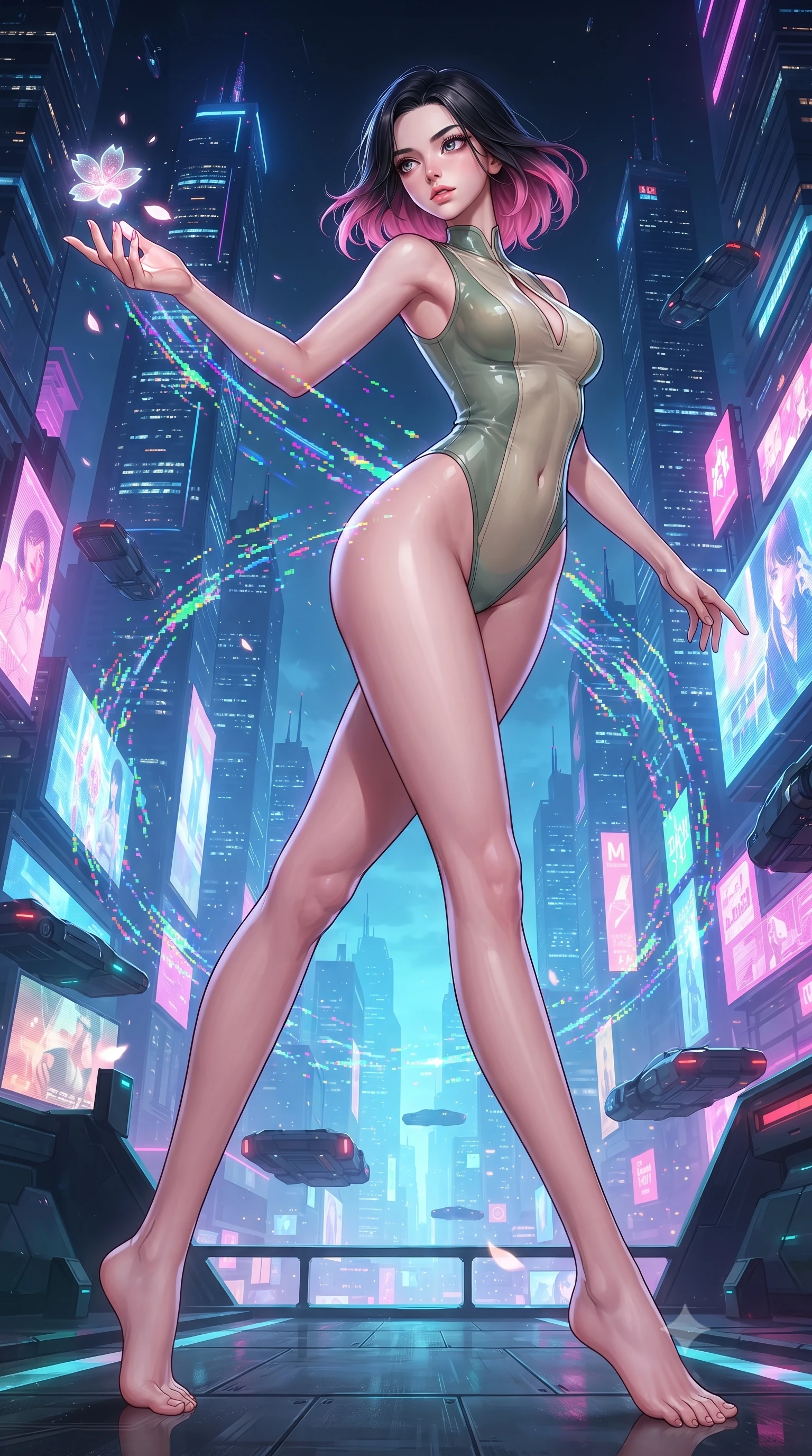 score_9, masterpiece, best quality, ultra-detailed, high-budget anime keyframe, editorial fashion photography, tasteful artistic composition, Korean woman. low angle full-body shot from head to toe showing her feet, filling the entire 9:16 vertical frame with her statuesque presence, stretching her vertical silhouette. forging dynamically through the scene with her long slender legs and ultra-slim waist creating a sweeping S-curve while reaching forward with one hand to catch a glowing holographic sakura petal, RGB glitch noise patterns casting colorful pixel trails along her movement. She has an absolutely perfect, statuesque 8.5-heads proportion, an exceptionally tall and slender model-like female figure with impossibly long slender legs and an ultra-slim waist. sharp v-shaped jawline, high-bridge nose, intricate jewel-like eyes with depth, thick eyelashes, glossy lips with a natural sheen, flawlessly proportioned anatomical accuracy, natural body alignment, perfectly sculpted elegant limbs, clean dynamic posture without body distortion. wearing a high-cut translucent vinyl leotard with front paneling and open back in sage green and oatmeal, formed from sleek second-skin neoprene, accented with a Tasteful chest slit framing her clavicle gracefully, the form-contouring material highlighting her ultra-slim waist and long lines. surrounded by a high-energy futuristic cityscape atmosphere. ultra-reflective glossy finish, specular highlights, metallic sheen, high-contrast stereoscopic depth, volumetric dynamic lighting, 2k, ultra detail, master piece, 9:16 ratio