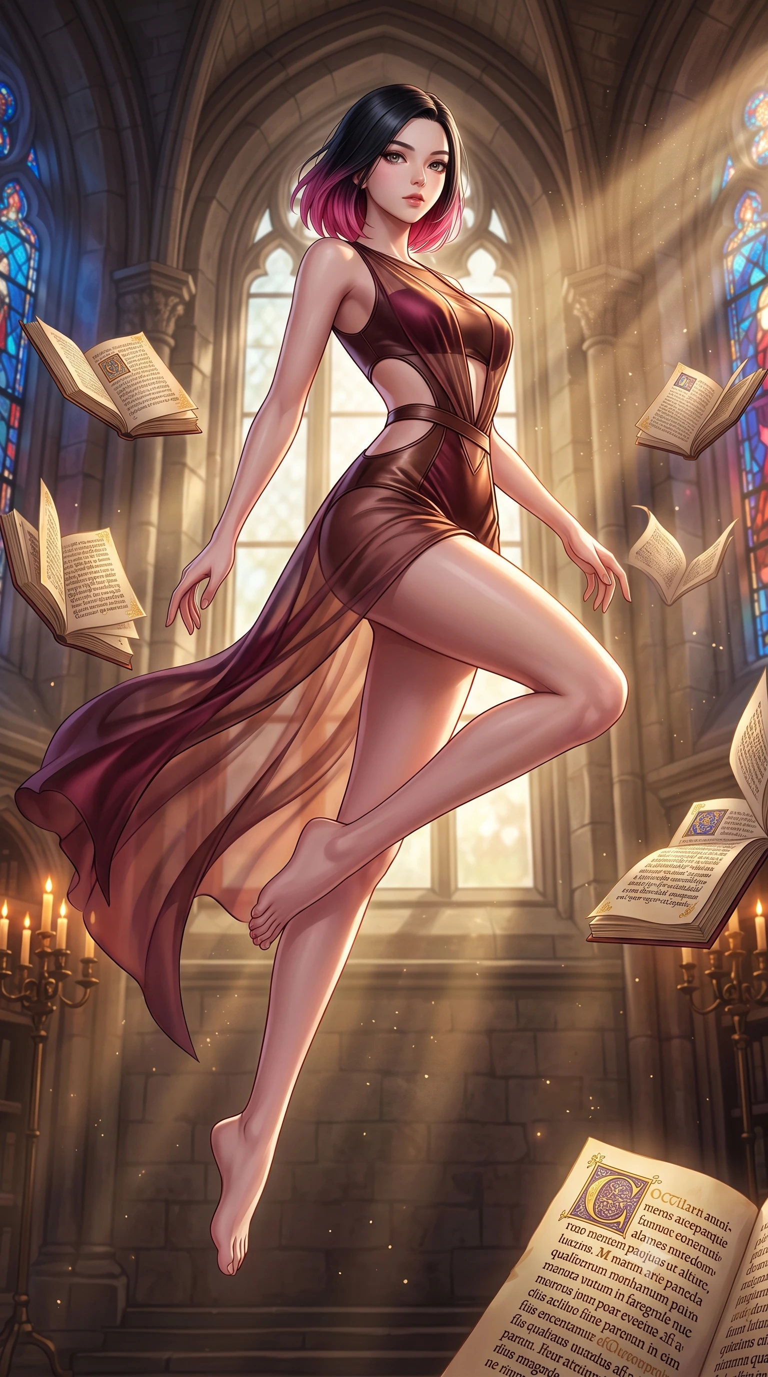 score_9, masterpiece, best quality, ultra-detailed, high-budget anime keyframe, editorial fashion photography, tasteful artistic composition, Korean woman. low angle full-body shot from head to toe showing her feet, filling the entire 9:16 vertical frame with her statuesque presence, stretching her vertical silhouette. leaping gracefully through the environment with statuesque elegance and long slender legs surrounded by floating illuminated manuscripts with gold leaf lettering, sunbeams filtering through tall arched windows casting dusty golden rays. She has an absolutely perfect, statuesque 8.5-heads proportion, an exceptionally tall and slender model-like female figure with impossibly long slender legs and an ultra-slim waist. sharp v-shaped jawline, high-bridge nose, intricate jewel-like eyes with depth, thick eyelashes, glossy lips with a natural sheen. wearing a semi-opaque sheer overlay dress over a leather micro-bodysuit in deep burgundy and bronze, crafted from lustrous satin jersey with fluid draping, featuring clean architectural cutouts along her slender torso, the tailored fabric tightly following every curve of her athletic build. illuminated by rich amber candlelight and majestic stained glass highlights. highly saturated vibrant anime colors, detailed shading with soft gradients, rich glossy textures, high-contrast stereoscopic depth, volumetric dynamic lighting, master piece, 9:16 ratio