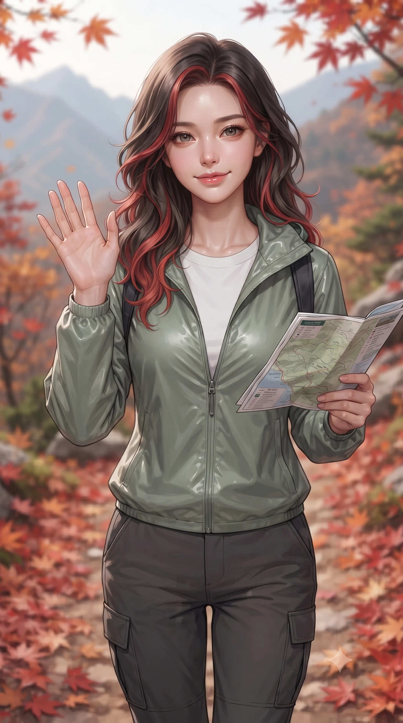 score_9, masterpiece, best quality, ultra-detailed, high-budget anime keyframe, editorial fashion photography, tasteful artistic composition, Korean woman. close-up cowboy shot from the waist and thighs up, the character dominates the composition, filling the frame with her large presence, background elements kept in soft focus. flashing a sweet, beaming smile while waving one hand gently toward the camera set against a soft-focus background of walking through an autumn mountain path covered in red maple leaves holding a map of the mountain trails, looking at the camera. She has an exceptionally elegant, slender, and willowy female figure with an ultra-slim waist, a gracefully sculpted slender torso, and a refined silhouette. sharp v-shaped jawline, high-bridge nose, intricate jewel-like eyes with depth, thick eyelashes, glossy lips with a natural sheen. wearing body-hugging casual athletic windbreaker in sage green, paired with a simple tee and cargo pants. soft diffused daylight creating a clean, high-key panoramic glow. ultra-reflective glossy finish, specular highlights, metallic sheen, high-contrast stereoscopic depth, volumetric dynamic lighting, 2k, ultra detail, master piece, 9:16 ratio
