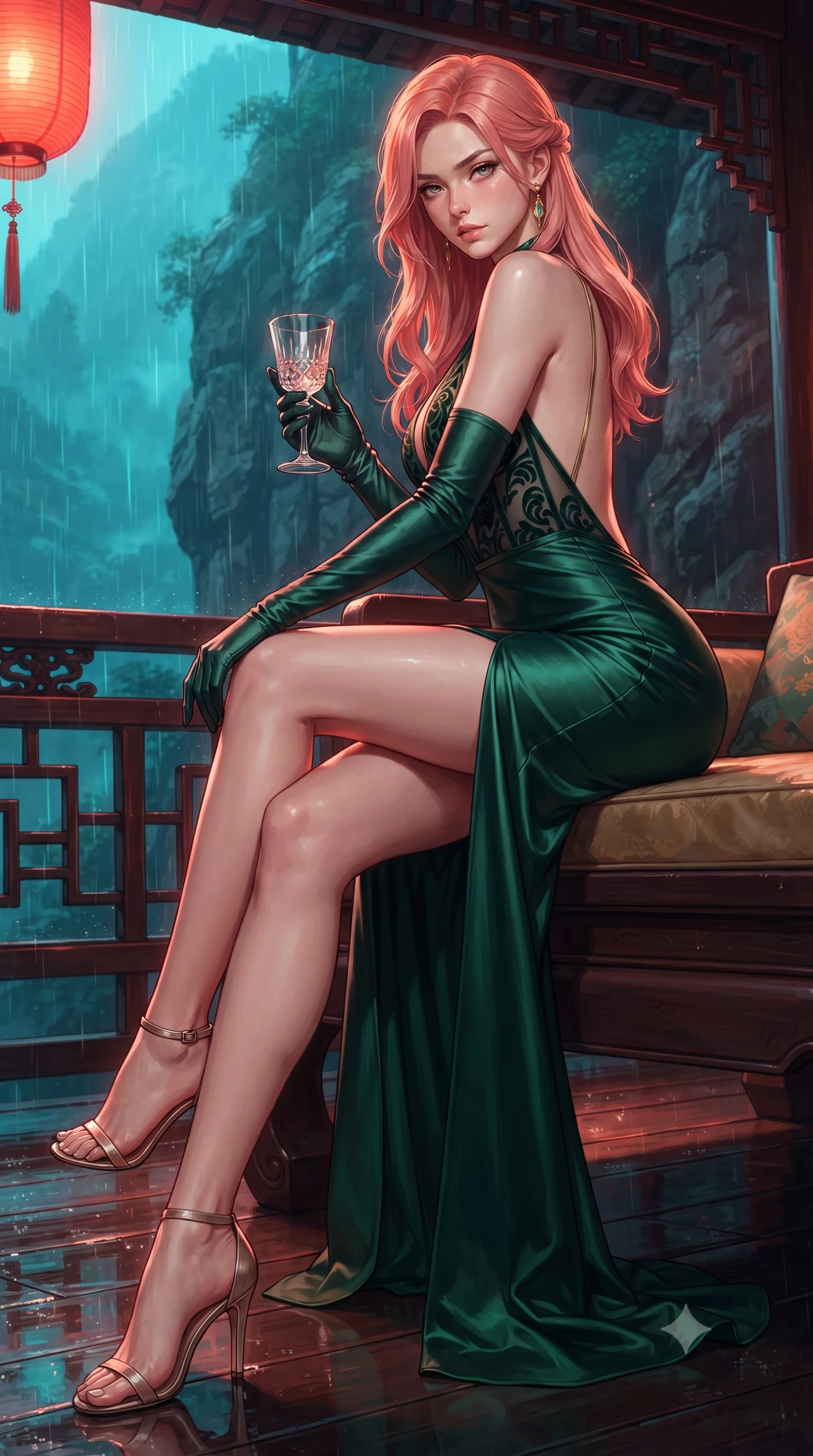 score_9, masterpiece, best quality, ultra-detailed, high-budget anime keyframe, editorial fashion photography, tasteful artistic composition, Japanese woman. low angle full-body shot from head to toe showing her feet, filling the entire 9:16 vertical frame with her statuesque presence, stretching her vertical silhouette. sitting perched on the elevated edge with hips angled toward the camera and legs crossed, displaying her toned midriff and flawlessly sculpted slender limbs while reclining on a lacquered daybed on the high-altitude tea terrace, her long slender legs and curvy hips bathed in warm scarlet lantern glow and cyan rain reflections. The surrounding environment is rendered in vivid detail and crisp panoramic clarity. sharp carved timber balustrade joints, wet lacquered floor reflections, and mountain cliffside rock texture in deep focus. She has an exceptionally tall and slender model-like 8.5-heads proportion, an ultra-slim waist, a flat toned midriff, narrow delicate ribcage, and beautifully sculpted feminine hips creating a graceful, slim hourglass silhouette without any bulky heaviness, with impossibly long slender legs. sharp v-shaped jawline, high-bridge nose, intricate jewel-like eyes with depth, thick eyelashes, glossy parted lips with a natural sheen, intensely captivating and seductive bedroom-eyes expression, flawlessly proportioned anatomical accuracy, strict slender model proportions, natural body alignment, perfectly sculpted long slender limbs, ultra-slim waistline, clean dynamic posture without body distortion. wearing a liquid-silk jersey evening gown with an ultra-deep plunging open back descending to the base of her spine and a sculpted hip-hugging skirt in deep emerald green satin and gold hardware, made of sheer contouring power-mesh with velvet flocking patterns, accessorized with opera-length satin gloves and a vintage crystal glass, the second-skin form-contouring cut accentuating her sculpted flat midriff, narrow delicate ribcage, and gracefully curvy hips with supermodel precision. illuminated by wet specular timber bounce lights sculpting her razor-sharp jawline, narrow waist, and curvy hips. ultra-reflective glossy finish, specular highlights, rich textural contrasts, high-contrast stereoscopic depth, volumetric dynamic lighting, 2k, ultra detail, master piece, 9:16 ratio
