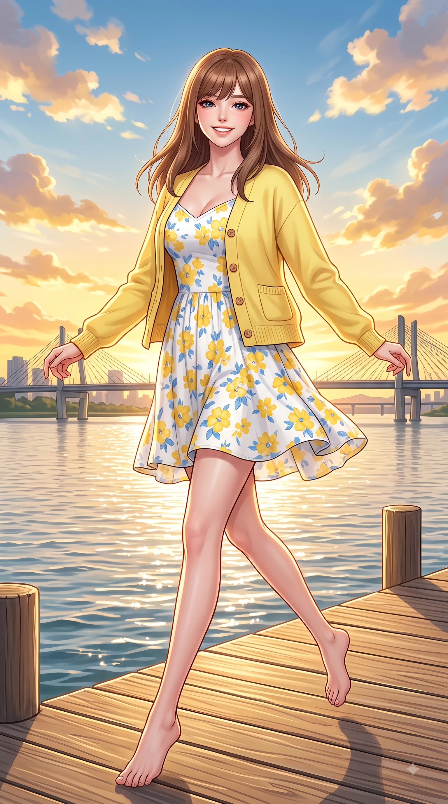 score_9, masterpiece, best quality, ultra-detailed, high-budget anime keyframe, editorial fashion photography, tasteful artistic composition, Korean woman. low angle full-body shot from head to toe showing her feet, filling the entire 9:16 vertical frame with her statuesque presence, stretching her vertical silhouette. leaping with pure youthful energy through the scene with a radiant bright smile, her long slender legs balanced gracefully while pivoting in a happy stride along a sunlit wooden pier overlooking calm river waters. The surrounding environment is rendered in vivid detail and crisp panoramic clarity. sparkling river waters, iconic city bridge silhouettes, and vibrant golden sunset sky clouds in crisp detail. She has an absolutely perfect, statuesque 8.5-heads proportion, an exceptionally tall and slender model-like female figure with impossibly long slender legs and an ultra-slim waist. sharp v-shaped jawline, high-bridge nose, intricate jewel-like eyes with depth, thick eyelashes, glossy lips with a natural sheen, flawlessly proportioned anatomical accuracy, natural body alignment, perfectly sculpted elegant limbs, clean dynamic posture without body distortion. wearing a fresh lemon-yellow cardigan over a white floral print slip dress in sunny daffodil yellow and clear sky blue, tailored from crisp cotton poplin, finished with neat front wooden buttons and pocket details, the soft airy drape swaying gracefully with her dynamic movements. illuminated by soft glowing sunset reflections with cheerful golden rim lights. highly saturated vibrant anime colors, detailed shading with soft gradients, rich glossy textures, high-contrast stereoscopic depth, volumetric dynamic lighting, master piece, 9:16 ratio