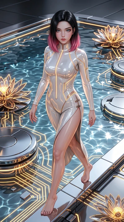 score_9, masterpiece, best quality, ultra-detailed, high-budget anime keyframe, editorial fashion photography, tasteful artistic composition, Korean woman. close-up cowboy shot from the waist and thighs up, the character dominates the composition, fi