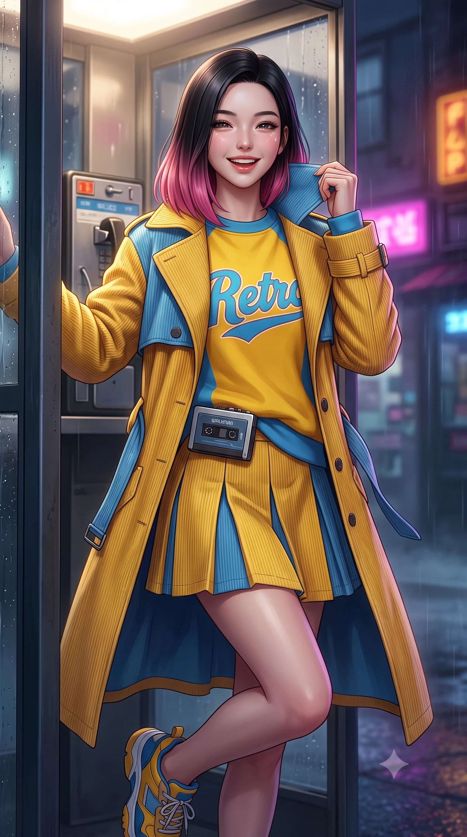 score_9, masterpiece, best quality, ultra-detailed, high-budget anime keyframe, semi-realistic 3D game render, editorial fashion photography, tasteful artistic composition, Korean woman. close-up cowboy shot from the waist and thighs up, the character dominates the composition, filling the frame with her large presence. laughing softly with genuine, enchanting warmth, eyes crinkling sweetly as specular highlights illuminate her cheeks while stepping out of the retro phone booth into the misty night street, pulling her trench coat collar up with effortless cool. The composition keeps background elements in soft focus with creamy bokeh. streaming glass raindrop streaks and distant neon shop signs blurred into dreamy magenta, amber, and deep blue bokeh. She has an exceptionally elegant, slender, and willowy female figure with an ultra-slim waist, a gracefully sculpted slender torso, toned flat midriff, and a refined slim silhouette. sharp v-shaped jawline, high-bridge nose, intricate jewel-like eyes with depth, thick eyelashes, glossy lips with a natural sheen, captivating and magnetic expression, flawlessly proportioned anatomical accuracy, strict slender model proportions, natural body alignment, perfectly sculpted long slender limbs, ultra-slim waistline, clean dynamic posture without body distortion. wearing a vibrant retro graphic oversized sweatshirt paired with a pleated tennis skirt and chunky sneakers in sunny retro canary yellow and sky blue, tailored from soft fine-wale corduroy with rich velvety texture, accessorized with a vintage portable cassette Walkman clipped to her waistband, the liquid-tight tailored fabric emphasizing every curve of her tall, slender model proportions and sculptured silhouette during dynamic movement. illuminated by soft glowing highlights defining her delicate features, glossy lips, and slender torso. highly saturated vibrant anime colors, detailed shading with soft gradients, rich glossy textures, high-contrast stereoscopic depth, volumetric dynamic lighting, master piece, 9:16 ratio