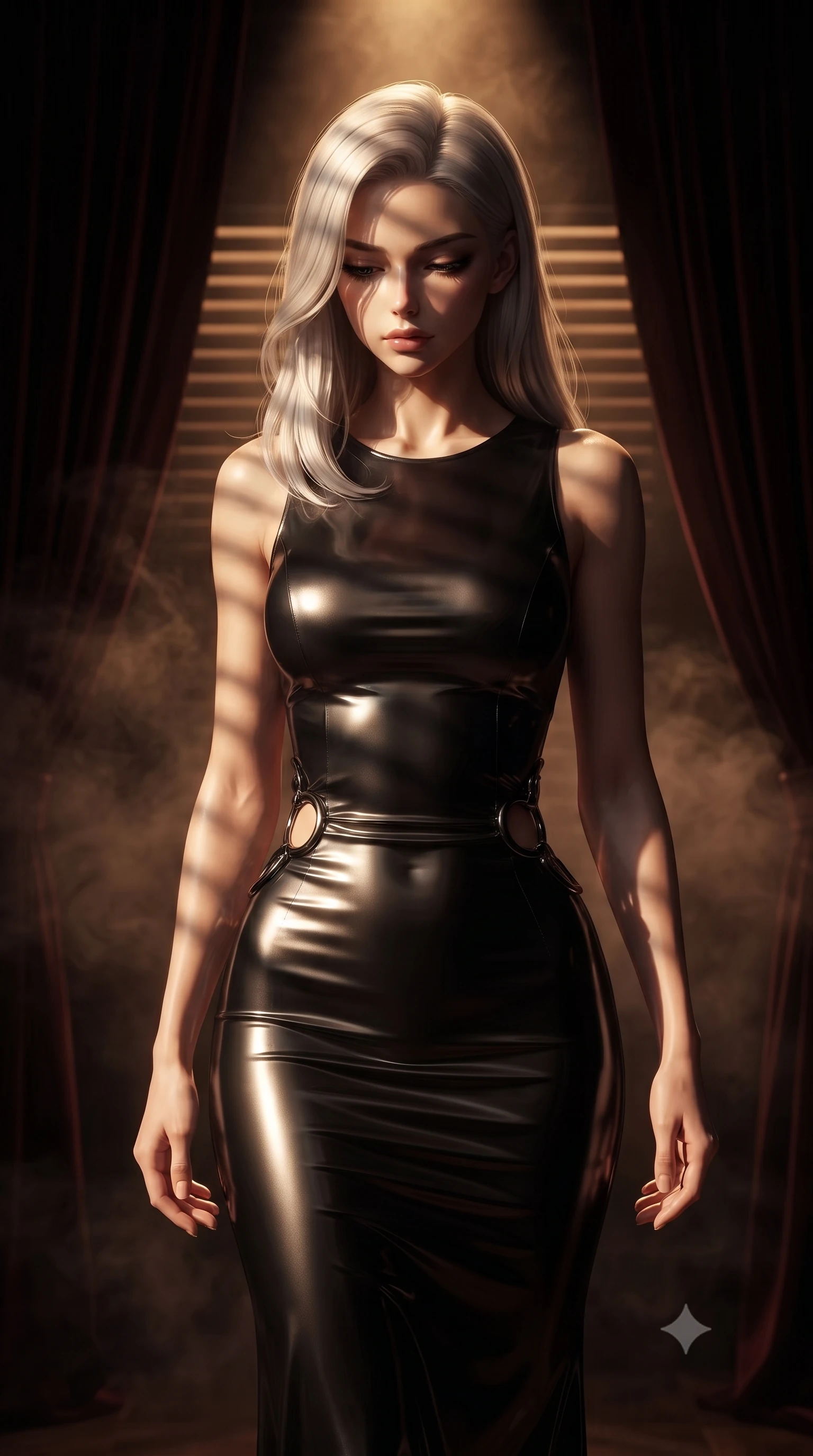score_9, masterpiece, best quality, ultra-detailed, high-budget anime keyframe, editorial fashion photography, tasteful artistic composition, Caucasian woman. close-up cowboy shot from the waist and thighs up, the character dominates the composition, filling the frame with her large presence, background elements kept in soft focus. Looking down with lowered lashes and a composed, powerful dark aura, walking through a dark velvet-curtained private lounge filled with aromatic smoke, dramatic chiaroscuro shadow patterns from wooden window blinds across her face. She has an exceptionally elegant, slender, and willowy female figure with an ultra-slim waist, a gracefully sculpted slender torso, and a refined silhouette. sharp v-shaped jawline, high-bridge nose, intricate jewel-like eyes with depth, thick eyelashes, glossy lips with a natural sheen. wearing fitted liquid mercury jersey maxi dress hugging every curve in pitch-black onyx, made of high-gloss liquid vinyl, trimmed with dark chrome ring hardware along the waist contours, the fitted fabric emphasizing her ultra-slim waist. bathed in warm amber spotlight against deep pitch-black velvet shadows. ultra-reflective glossy finish, specular highlights, metallic sheen, high-contrast stereoscopic depth, volumetric dynamic lighting, 2k, ultra detail, master piece, 9:16 ratio