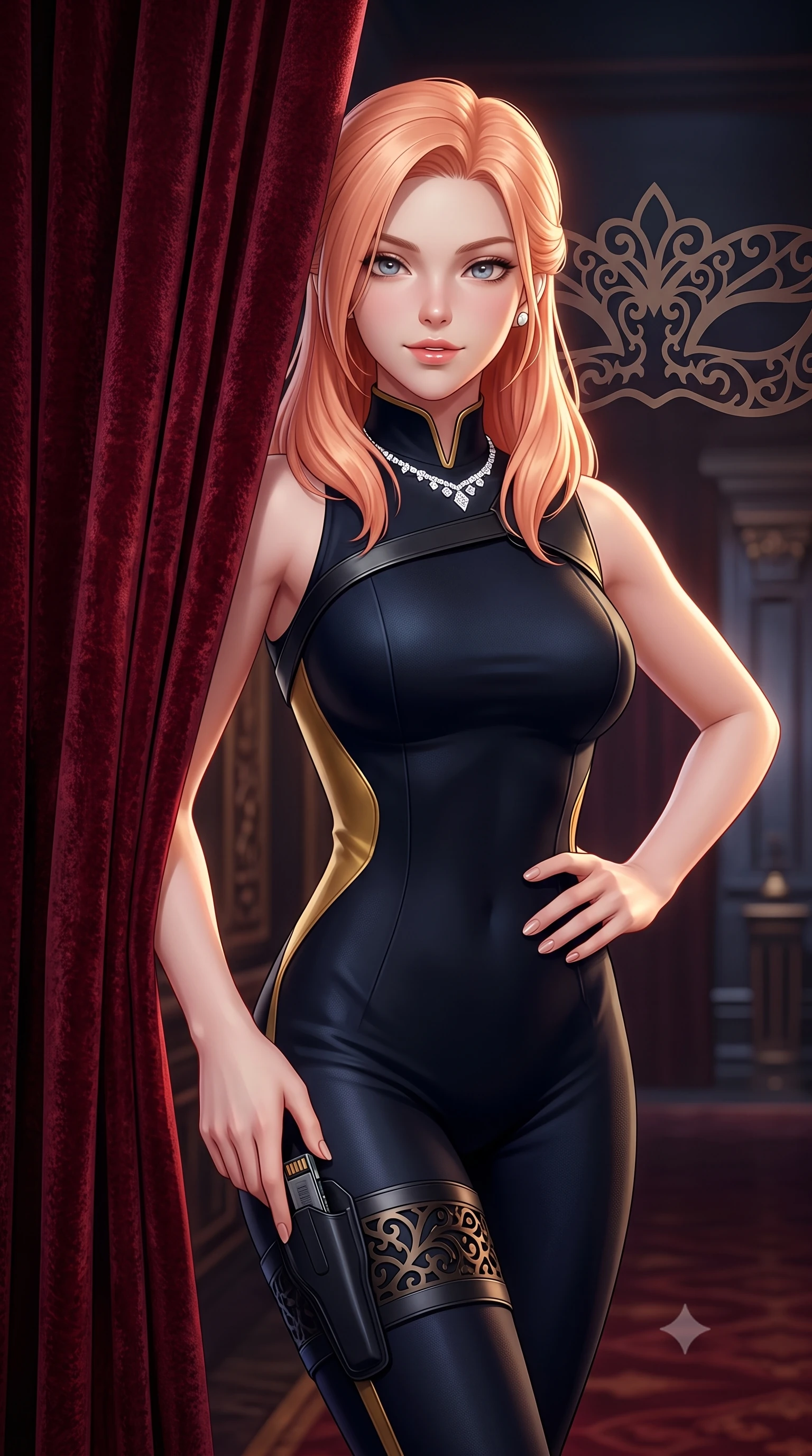 score_9, masterpiece, best quality, ultra-detailed, high-budget anime keyframe, semi-realistic 3D game render, editorial fashion photography, tasteful artistic composition, Japanese woman. close-up cowboy shot from the waist and thighs up, the character dominates the composition, filling the frame with her large presence. smiling with subtle, enchanting allure and glossy parted lips, one hand resting on her waist with effortless supermodel poise while pivoting dynamically behind a heavy velvet curtain in a dimly lit VIP corridor, concealing a miniature data drive in her garter. The surrounding environment is rendered in vivid detail and crisp panoramic clarity. intricate laser-cut filigree mask patterns, sparkling diamond necklace facets, and silk velvet textures in deep focus. She has an exceptionally elegant, slender, and willowy female figure with an ultra-slim waist, a gracefully sculpted slender torso, toned flat midriff, and a refined slim silhouette. sharp v-shaped jawline, high-bridge nose, intricate jewel-like eyes with depth, thick eyelashes, glossy lips with a natural sheen, captivating and magnetic expression, flawlessly proportioned anatomical accuracy, strict slender model proportions, natural body alignment, perfectly sculpted long slender limbs, ultra-slim waistline, clean dynamic posture without body distortion. wearing a sharp sleeveless tactical catsuit with an asymmetric shoulder holster and high collar in midnight obsidian black and liquid gold, made of structured fine wool crepe and liquid silk satin, accessorized with a sleek concealed garter holster and pearl ear transmitter, the breezy yet form-flattering drape swaying gracefully with her steps, accentuating her long willowy limbs and slim waistline. surrounded by an enigmatic, enchanting, and lethal undercover spy duchess aura. highly saturated vibrant anime colors, detailed shading with soft gradients, rich glossy textures, high-contrast stereoscopic depth, volumetric dynamic lighting, master piece, 9:16 ratio