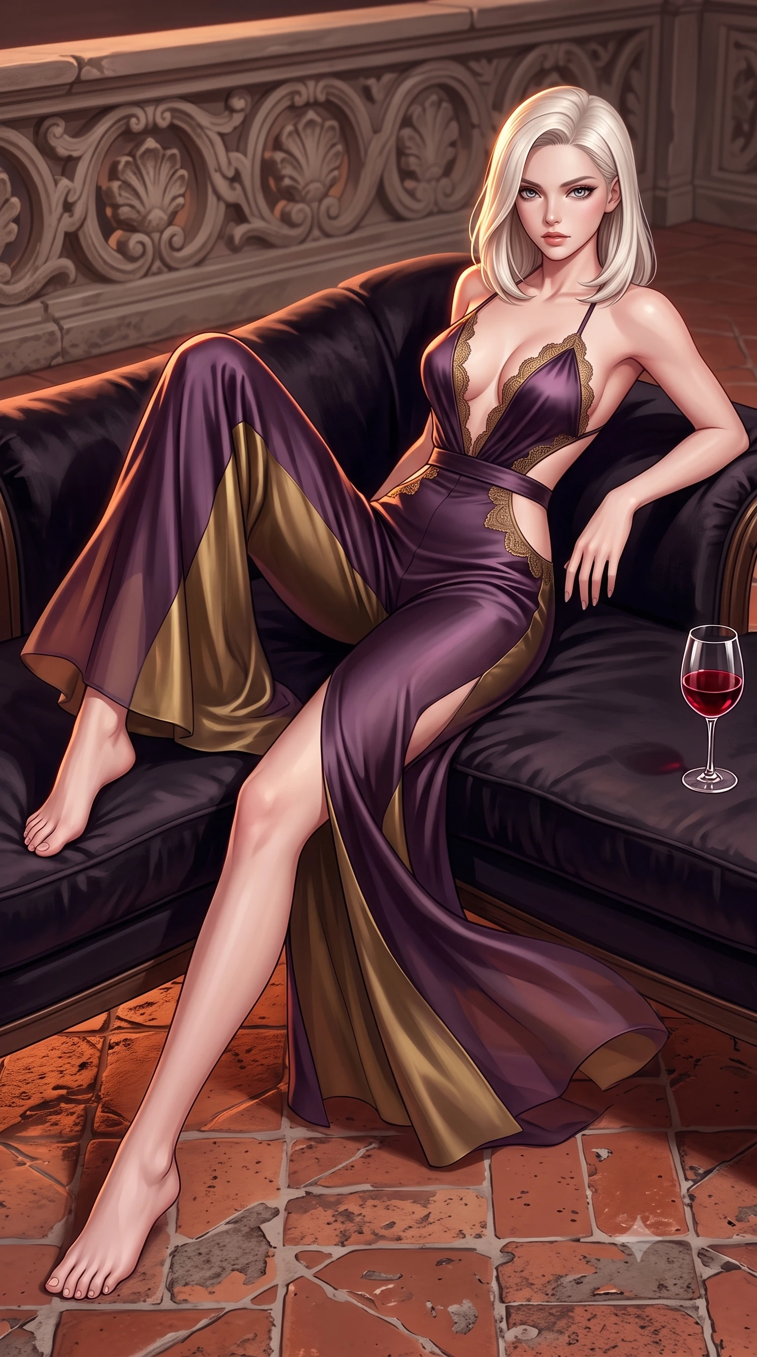 score_9, masterpiece, best quality, ultra-detailed, high-budget anime keyframe, semi-realistic 3D game render, editorial fashion photography, tasteful artistic composition, Caucasian woman. low angle full-body shot from head to toe showing her feet, filling the entire 9:16 vertical frame with her statuesque presence, stretching her vertical silhouette. reclining gracefully across the plush chaise lounge with one leg extended, her sculpted silhouette and flat midriff radiating magnetic nocturnal glamour while twisting her slender torso in an alluring contrapposto stance, warm Tuscan breeze fluttering her gown around her long slender legs and curvy hips. The surrounding environment is rendered in vivid detail and crisp panoramic clarity: sharp weathered terracotta floor tile texture, carved stone balustrade reliefs, and glistening wine in crystal glass in deep focus. She has an absolutely perfect, statuesque 8.5-heads proportion, an exceptionally tall and slender model-like female figure with impossibly long slender legs, an ultra-slim waist, a flat toned midriff, narrow delicate ribcage, and beautifully sculpted feminine hips creating a graceful, slim hourglass silhouette without any bulky heaviness. sharp v-shaped jawline, high-bridge nose, sparkling eyes with hypnotic seductive depth, thick curled eyelashes, glossy parted lips with a natural dewy peach sheen, alluring bedroom-eyes with an enchanting coquettish smile, exuding magnetic siren charisma and sophisticated glamour, flawlessly proportioned anatomical accuracy, strict slender model proportions, natural body alignment, perfectly sculpted long slender limbs, ultra-slim waistline, clean dynamic posture without body distortion. wearing a backless plunge-front silk satin jumpsuit with fluid wide-leg silhouette and side hip cutouts in rich dark plum violet and gilded antique brass, crafted from fluid liquid silk satin that clings smoothly to every curve with a dewy sheen, finished with scalloped eyelash lace trim framing her sweetheart neckline with intimate elegance, the form-contouring silhouette accentuating her sculpted flat midriff, narrow delicate ribcage, and gracefully curvy hips with intoxicating allure. illuminated by terracotta floor bounce and sharp molten-bronze rim lights sculpting her razor-sharp jawline, narrow waist, and curvy hips. highly saturated vibrant anime colors, detailed shading with soft gradients, rich glossy textures, high-contrast stereoscopic depth, volumetric dynamic lighting, master piece, 9:16 ratio