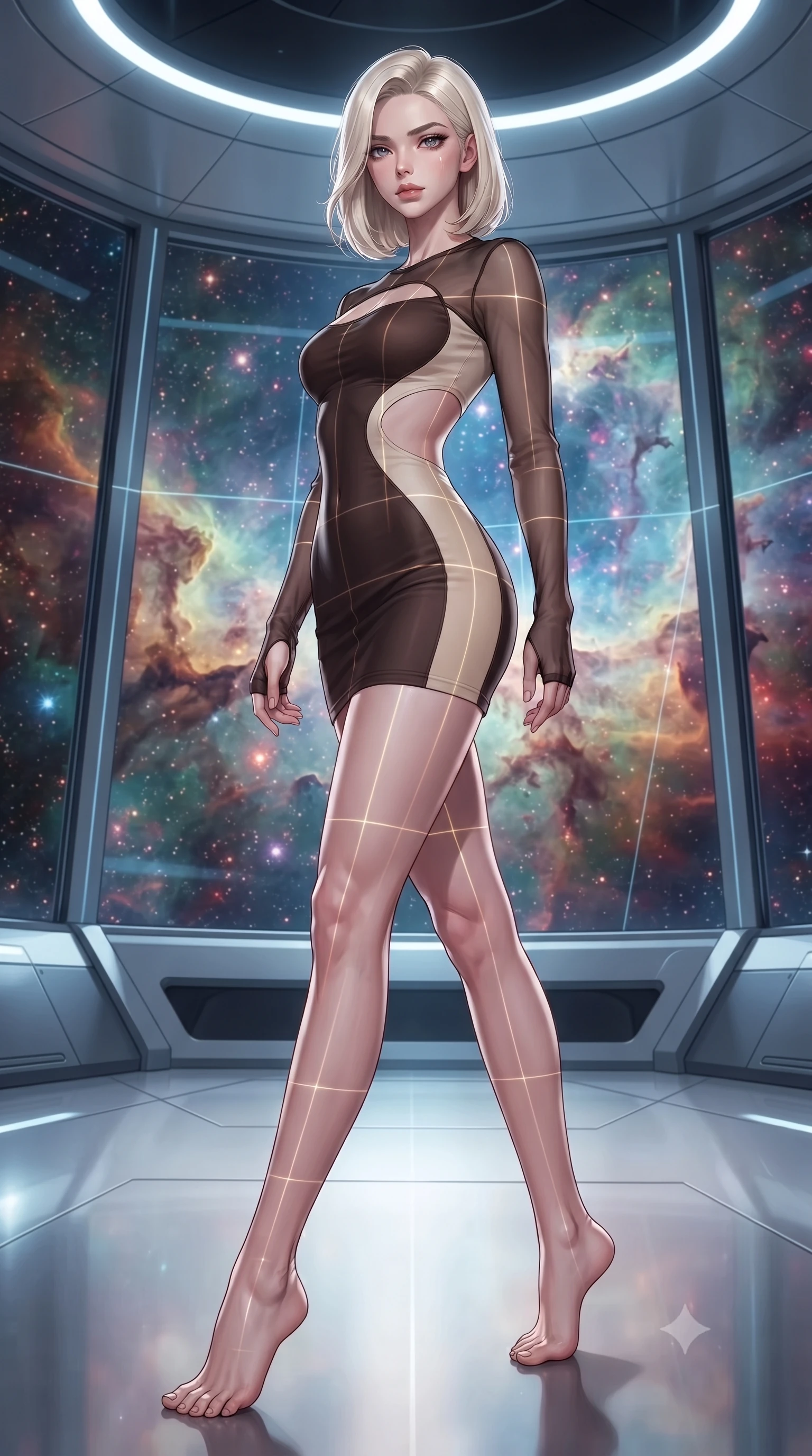 score_9, masterpiece, best quality, ultra-detailed, high-budget anime keyframe, editorial fashion photography, tasteful artistic composition, Caucasian woman. low angle full-body shot from head to toe showing her feet, filling the entire 9:16 vertical frame with her statuesque presence, stretching her vertical silhouette. navigating the luminous space with effortless poise, displaying her perfect model proportions standing inside a high-tech observatory with panoramic glass views of a nebula, laser lines casting precise geometric grid highlights on her athletic form. She has an absolutely perfect, statuesque 8.5-heads proportion, an exceptionally tall and slender model-like female figure with impossibly long slender legs and an ultra-slim waist. sharp v-shaped jawline, high-bridge nose, intricate jewel-like eyes with depth, thick eyelashes, glossy lips with a natural sheen. wearing a sleek bodycon knit dress with sheer organza sleeve panels in espresso brown and warm cream, woven from fine semi-opaque sheer organza, featuring clean architectural cutouts along her slender torso, the glove-like fit emphasizing her statuesque silhouette. surrounded by a crisp high-tech illumination highlighting every sleek curve. ultra-reflective glossy finish, specular highlights, metallic sheen, high-contrast stereoscopic depth, volumetric dynamic lighting, 2k, ultra detail, master piece, 9:16 ratio