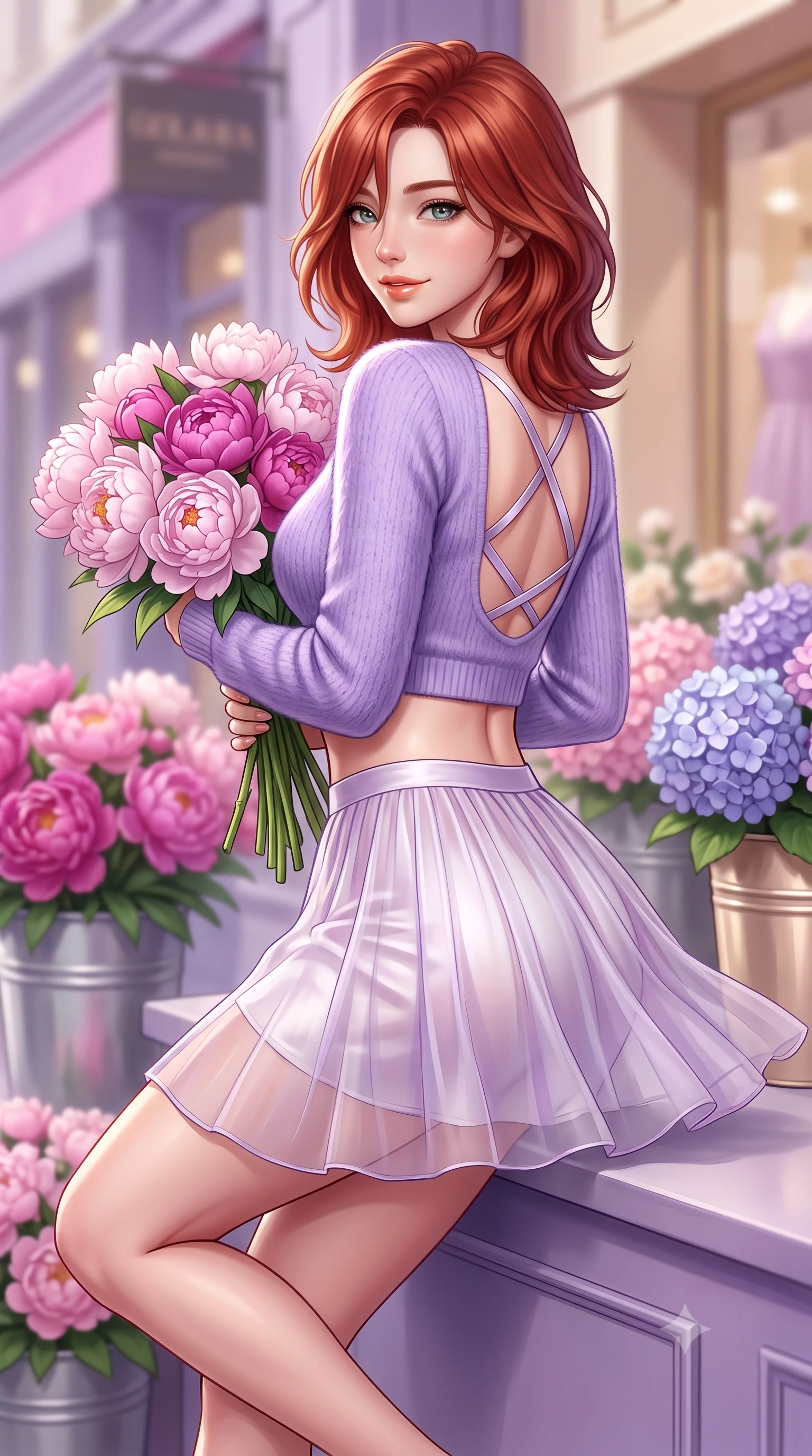 score_9, masterpiece, best quality, ultra-detailed, high-budget anime keyframe, semi-realistic 3D game render, editorial fashion photography, tasteful artistic composition, Korean woman. close-up cowboy shot from the waist and thighs up, the character dominates the composition, filling the frame with her large presence. posing in an alluring rear three-quarter angle, turning over a bare shoulder with an intoxicating cute smile, her hips cocked back to highlight her slim hourglass curve while sitting perched on the boutique terrace ledge with legs crossed, holding a bouquet of fresh peonies with a radiant, coquettish expression. The composition keeps background elements in soft focus with dreamy creamy bokeh. vibrant peony and hydrangea flower buckets and chic designer storefronts blurred into pastel pink, lavender, and champagne bokeh. She has an exceptionally elegant, slender, and willowy female figure with an ultra-slim waist, flat toned midriff, narrow ribcage, and sculpted feminine hips creating an alluring, slim hourglass silhouette without bulk. sharp v-shaped jawline, high-bridge nose, intricate jewel-like sparkling eyes with depth, thick eyelashes, glossy parted lips with a natural peach sheen, bright cheerful beaming smile with an enchanting and coquettish sensual glint, exuding both youthful cute charm and seductive allure, flawlessly proportioned anatomical accuracy, strict slender model proportions, natural body alignment, perfectly sculpted long slender limbs, ultra-slim waistline, clean dynamic posture without body distortion. wearing a soft angora crop knit sweater with a sheer pleated organza mini skirt over an opaque silk slip in delicate lavender violet and pearlescent white, tailored from fine lightweight chiffon that flutters gently in the breeze, finished with criss-cross back satin straps highlighting her graceful shoulder blades, the liquid-tight tailored fabric clinging flawlessly to her narrow waist and rounded feminine hips, emphasizing every millimeter of her sculpted slim hourglass curves without any bulky heaviness. illuminated by crisp directional highlights accentuating her sculpted midriff, narrow waist, and curvy hips. highly saturated vibrant anime colors, detailed shading with soft gradients, rich glossy textures, high-contrast stereoscopic depth, volumetric dynamic lighting, master piece, 9:16 ratio