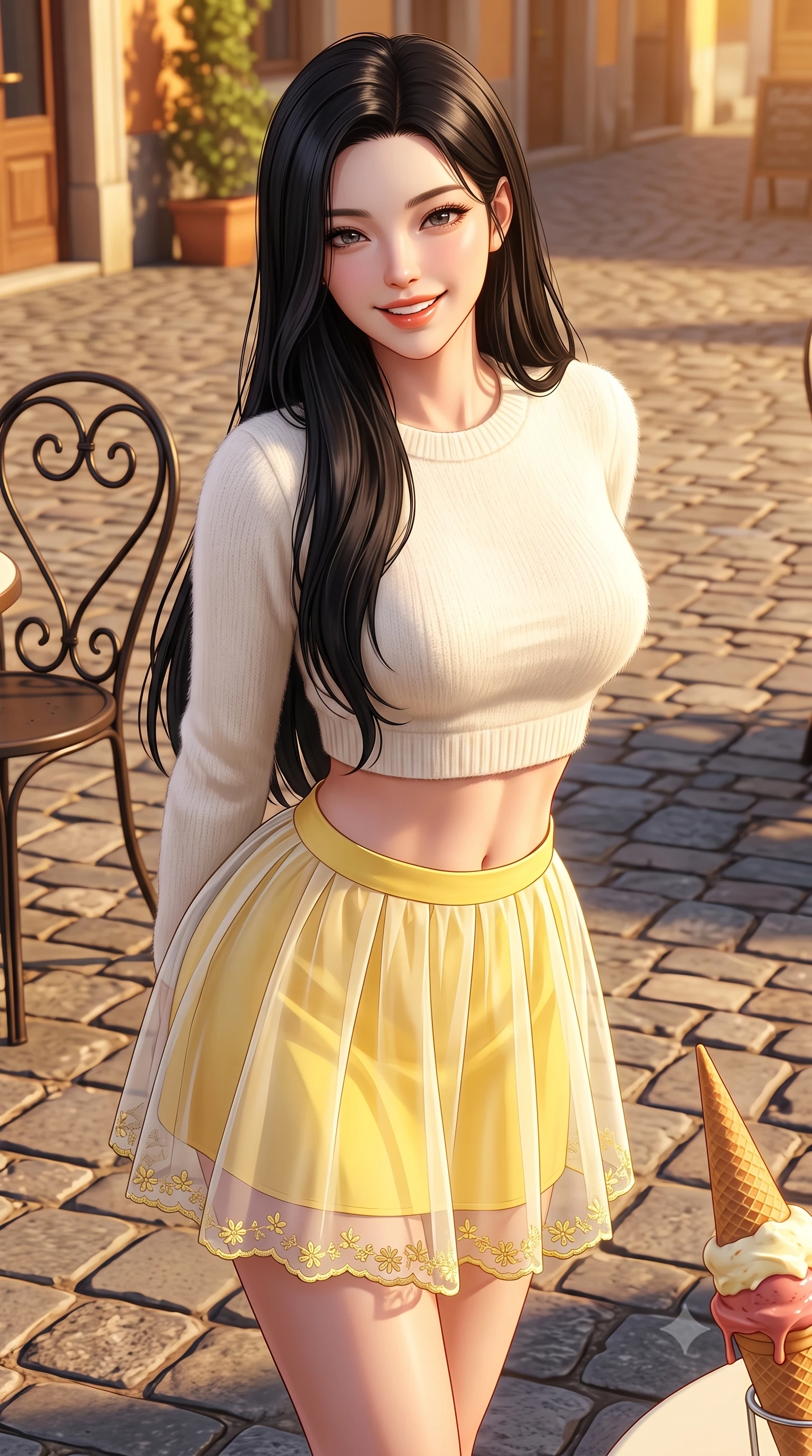 score_9, masterpiece, best quality, ultra-detailed, high-budget anime keyframe, semi-realistic 3D game render, editorial fashion photography, tasteful artistic composition, Korean woman. close-up cowboy shot from the waist and thighs up, the character dominates the composition, filling the frame with her large presence. resting both hands lightly behind her back while leaning toward the lens with a cheerful, teasing grin, her form-fitting outfit hugging her narrow waist and feminine hip curve while standing poised on the cobblestone square, twisting her slender torso in an alluring S-curve in the warm Italian afternoon light. The surrounding environment is rendered in vivid detail and crisp panoramic clarity. sharp gelato cone texture, wrought-iron chair curls, and cobblestone paving stone seams in deep focus. She has an exceptionally elegant, slender, and willowy female figure with an ultra-slim waist, flat toned midriff, narrow ribcage, and sculpted feminine hips creating an alluring, slim hourglass silhouette without bulk. sharp v-shaped jawline, high-bridge nose, intricate jewel-like sparkling eyes with depth, thick eyelashes, glossy parted lips with a natural peach sheen, bright cheerful beaming smile with an enchanting and coquettish sensual glint, exuding both youthful cute charm and seductive allure, flawlessly proportioned anatomical accuracy, strict slender model proportions, natural body alignment, perfectly sculpted long slender limbs, ultra-slim waistline, clean dynamic posture without body distortion. wearing a soft angora crop knit sweater with a sheer pleated organza mini skirt over an opaque silk slip in bright butter yellow and fresh cream white, tailored from crisp cotton poplin with clean structural lines, complemented by delicate embroidered floral trim along the hem, the high-waisted tailoring accentuating her ultra-slim waistline and the enchanting curve of her feminine hips with alluring charm. illuminated by crisp directional highlights accentuating her sculpted midriff, narrow waist, and curvy hips. highly saturated vibrant anime colors, detailed shading with soft gradients, rich glossy textures, high-contrast stereoscopic depth, volumetric dynamic lighting, master piece, 9:16 ratio