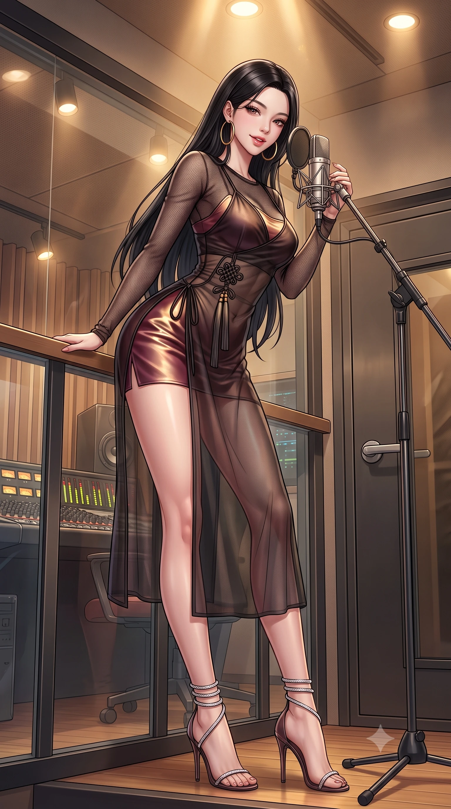 score_9, masterpiece, best quality, ultra-detailed, high-budget anime keyframe, semi-realistic 3D game render, editorial fashion photography, tasteful artistic composition, Korean woman. low angle full-body shot from head to toe showing her feet, filling the entire 9:16 vertical frame with her statuesque presence, stretching her vertical silhouette. leaning deep against the balcony balustrade with hips cocked back in an unapologetically alluring high-fashion stance, casting an intoxicating glance while standing inside the soundproof glass vocal booth holding a vintage condenser microphone, arching her back with passionate siren allure. The surrounding environment is rendered in vivid detail and crisp panoramic clarity: detailed sheer mesh crop top weave, gold hoop earring shine, and professional recording studio craftsmanship in razor-sharp precision. She has an absolutely perfect, statuesque 8.5-heads proportion, an exceptionally tall and slender model-like female figure with impossibly long slender legs, an ultra-slim waist, a flat toned midriff, narrow delicate ribcage, and beautifully sculpted feminine hips creating a graceful, slim hourglass silhouette without any bulky heaviness. sharp v-shaped jawline, high-bridge nose, sparkling eyes with hypnotic seductive depth, thick curled eyelashes, glossy parted lips with a natural dewy peach sheen, alluring bedroom-eyes with an enchanting coquettish smile, exuding magnetic siren charisma and sophisticated glamour, flawlessly proportioned anatomical accuracy, strict slender model proportions, natural body alignment, perfectly sculpted long slender limbs, ultra-slim waistline, clean dynamic posture without body distortion. wearing a sheer black gauze norigae slip dress worn over a liquid satin undergarment, hugging her flat midriff and hourglass curves in smoky bordeaux wine and gilded bronze, tailored from fine ribbed modal knit with gentle elastic contouring and soft hand-feel, complemented by strappy stiletto sandals with crystal ankle wraps accentuating her slender calves, the second-skin tailored fabric adhering flawlessly to her sculpted flat midriff and slender torso, emphasizing her long leg lines and perfectly proportioned willowy build. bathed in warm 3000K overhead spotlighting and glowing console indicator lamps. highly saturated vibrant anime colors, detailed shading with soft gradients, rich glossy textures, high-contrast stereoscopic depth, volumetric dynamic lighting, master piece, 9:16 ratio