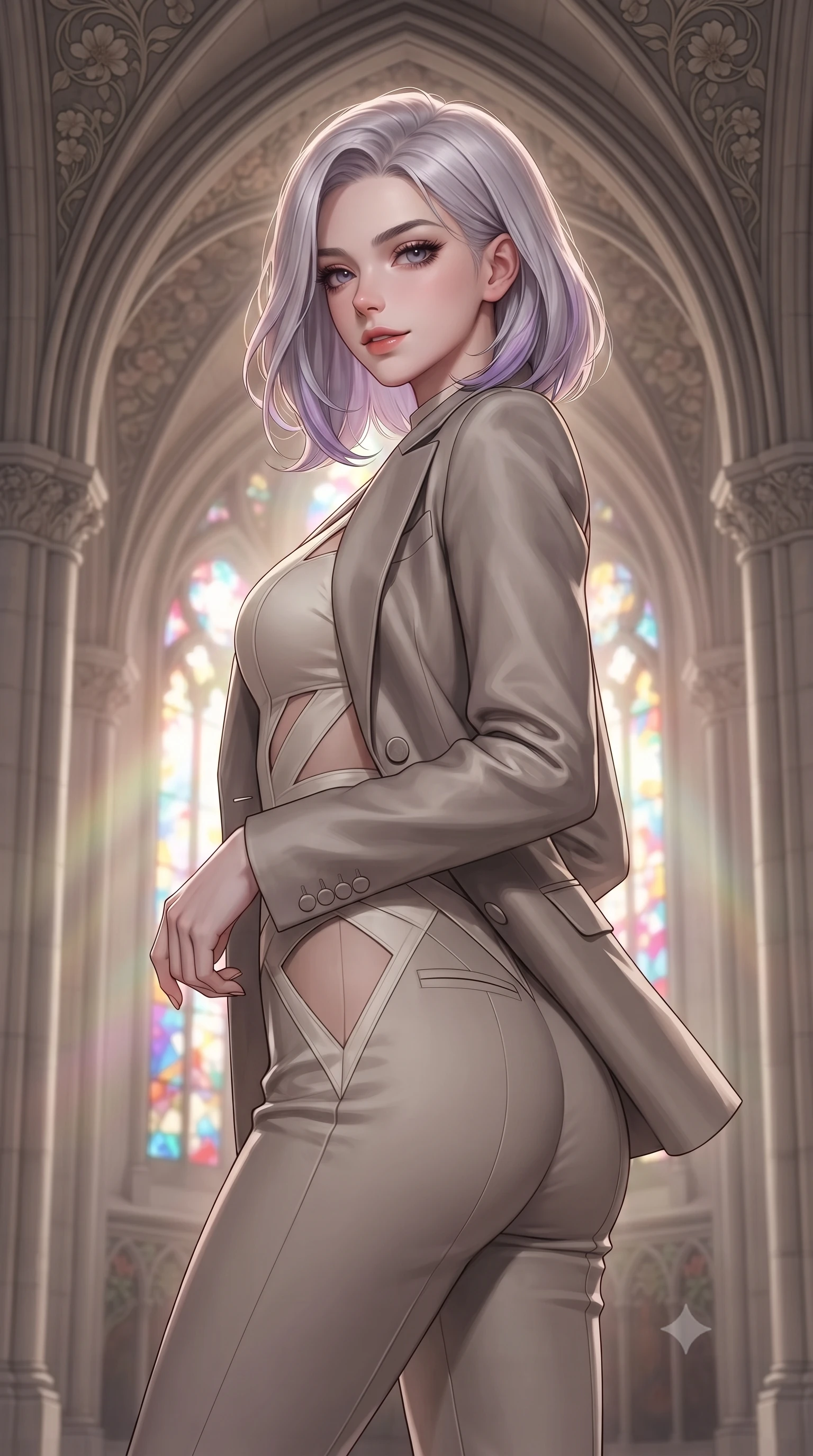 score_9, masterpiece, best quality, ultra-detailed, high-budget anime keyframe, editorial fashion photography, tasteful artistic composition, Caucasian woman. close-up cowboy shot from the waist and thighs up, the character dominates the composition, filling the frame with her large presence, background elements kept in soft focus. Glancing sidelong over her shoulder with a smoldering half-smile and heavy lashes guiding glowing choir light threads weaving through majestic vaulted arches, intricate floral Art Nouveau motifs decorating the surrounding stone. She has an exceptionally elegant, slender, and willowy female figure with an ultra-slim waist, a gracefully sculpted slender torso, and a refined silhouette. sharp v-shaped jawline, high-bridge nose, intricate jewel-like eyes with depth, thick eyelashes, glossy lips with a natural sheen. wearing a tailored silk blazer over a form-contouring top and fitted slacks in muted taupe and soft ivory, woven from fine semi-opaque sheer organza, featuring subtle geometric cutouts that highlight her ultra-slim midriff, the form-contouring material highlighting her ultra-slim waist and long lines. lit by bright sunbursts creating vivid, saturated color projections. highly saturated vibrant anime colors, detailed shading with soft gradients, rich glossy textures, high-contrast stereoscopic depth, volumetric dynamic lighting, master piece, 9:16 ratio