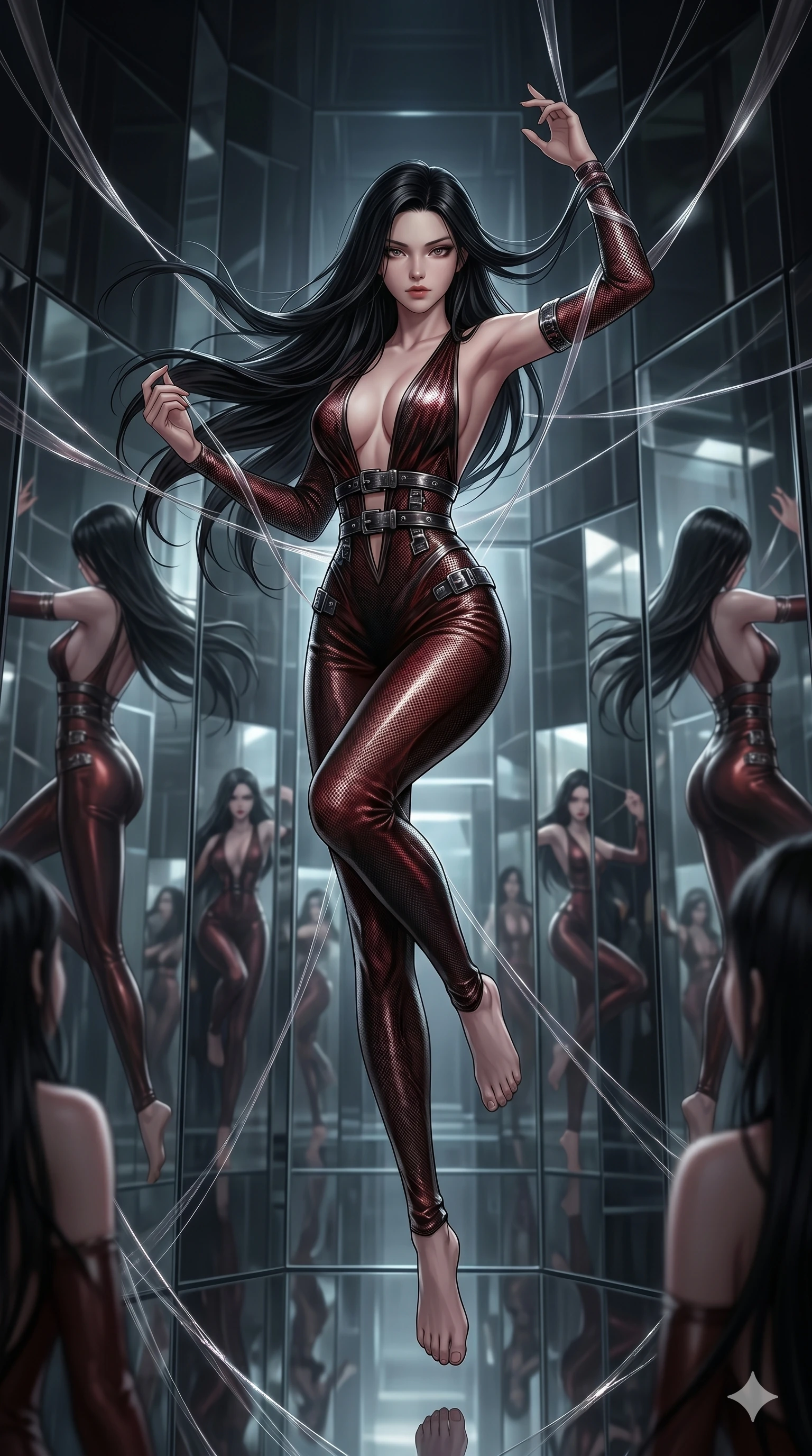 score_9, masterpiece, best quality, ultra-detailed, High-budget Anime Keyframe, East Asian woman. Dynamic full-body shot stretching the vertical silhouette to the limit. Scenario 176: Suspended by invisible silk threads in a hall of mirrors. Her presence is magnetic and overpowering in this high-budget anime scene. Outfit 176: A molten liquid silk mesh with a plunging V-neckline and metallic buckles. The clothing is designed to emphasize her exceptionally tall and slender 8-heads proportion. 8-heads proportion, towering silhouette, ultra-slim waist. sharp v-shaped jawline, intricate jewel-like eyes with depth, thick eyelashes, glossy lips. 2k, ultra detail, master piece, 9:16 ratio