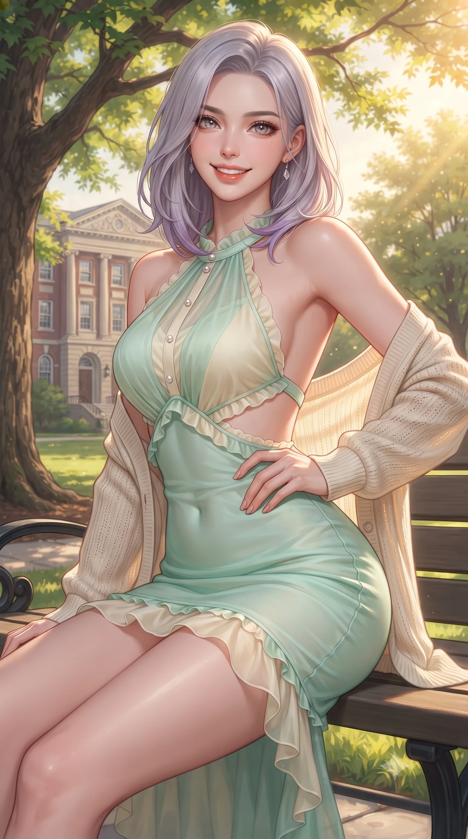 score_9, masterpiece, best quality, ultra-detailed, high-budget anime keyframe, editorial fashion photography, tasteful artistic composition, Caucasian woman. close-up cowboy shot from the waist and thighs up, the character dominates the composition, filling the frame with her large presence. twisting her slender torso in an alluring contrapposto stance, one hand resting on her sculpted hip while flashing a radiant, playful smile with parted glossy lips while lounging gracefully on a park bench under ancient maple trees, her long slender legs and curvy hips highlighted by golden sunbeams. The surrounding environment is rendered in vivid detail and crisp panoramic clarity. detailed knit cardigan texture, sunburst highlights on hair, and historical campus facade clarity in high resolution. She has an exceptionally elegant, slender, and willowy female figure with an ultra-slim waist, flat toned midriff, narrow ribcage, and sculpted feminine hips creating an alluring, slim hourglass silhouette without bulk. sharp v-shaped jawline, high-bridge nose, intricate jewel-like sparkling eyes with depth, thick eyelashes, glossy parted lips with a natural peach sheen, bright cheerful beaming smile with an enchanting and coquettish sensual glint, exuding both youthful cute charm and seductive allure, flawlessly proportioned anatomical accuracy, strict slender model proportions, natural body alignment, perfectly sculpted long slender limbs, ultra-slim waistline, clean dynamic posture without body distortion. wearing a backless pastel halter sundress with side-waist diamond cutouts and an ultra-fitted hip-hugging silhouette in refreshing mint green and soft vanilla cream, woven from layered gossamer organza with weightless flutter, finished with subtle ruffle trims and delicate pearl buttons, the glove-like silhouette tightly following the natural contour of her hips and long slender legs with youthful 8.5-heads elegance. illuminated by warm campus grass bounce fill accentuating her sculpted collarbones, ultra-slim waist, and curvy hips. ultra-reflective glossy finish, specular highlights, rich textural contrasts, high-contrast stereoscopic depth, volumetric dynamic lighting, 2k, ultra detail, master piece, 9:16 ratio