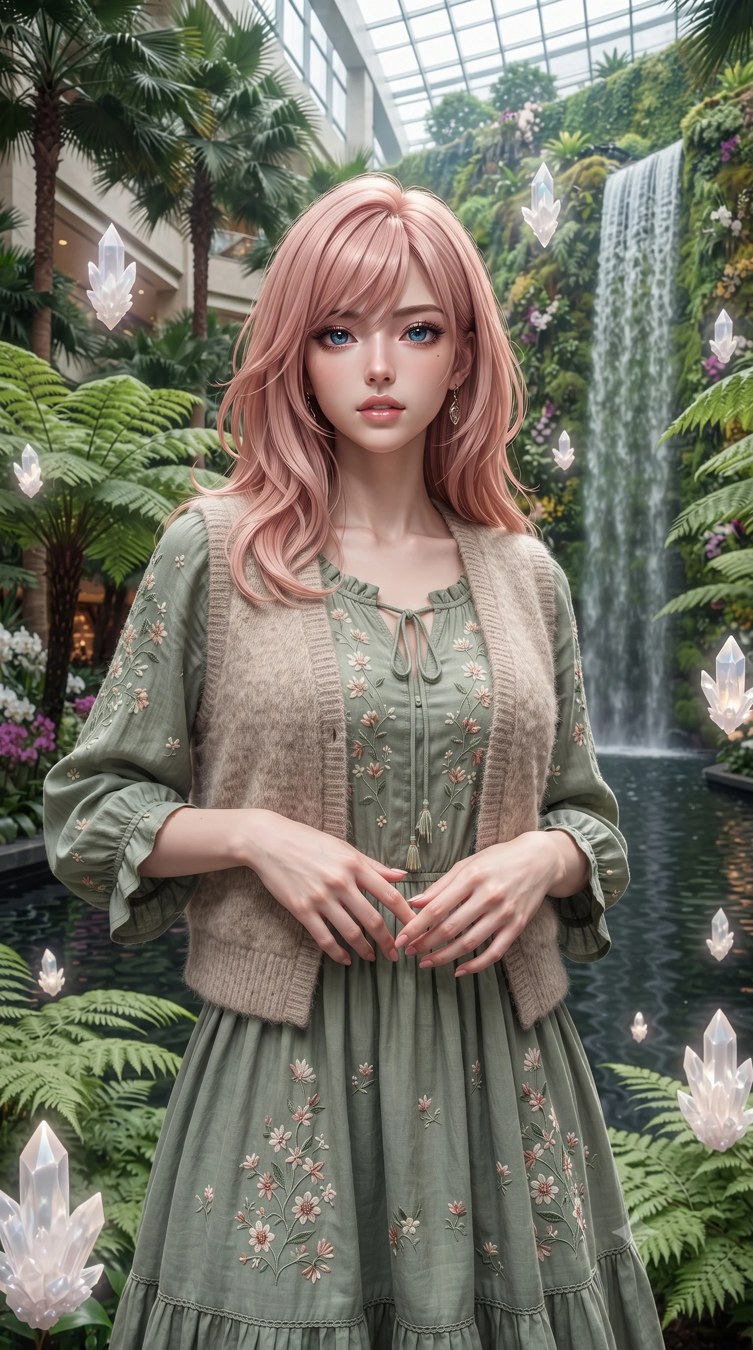 score_9, masterpiece, best quality, ultra-detailed, high-budget anime keyframe, editorial fashion photography, tasteful artistic composition, Japanese woman. close-up cowboy shot from the waist and thighs up, the character dominates the composition, filling the frame with her large presence, background elements kept in soft focus. Looking directly at the camera with a bold fearless expression and parted lips. set against a soft-focus background of a luxury hotel's soaring six-story glass atrium filled with towering tropical palms massive ferns rare orchid collections and a grand waterfall cascading down a living moss wall into a reflection pool. She has an exceptionally elegant and slender, willowy female figure with an ultra-slim waist, a gracefully sculpted slender torso, and a refined slim physique. sharp v-shaped jawline, high-bridge nose, intricate jewel-like eyes with depth, thick eyelashes, glossy lips with a natural sheen. wearing a bohemian peasant-style cotton dress in sage green, layered with a cozy oatmeal wool-blend vest. ethereal pearlescent light emanating from floating crystalline formations all around. 2k, ultra detail, master piece, 9:16 ratio