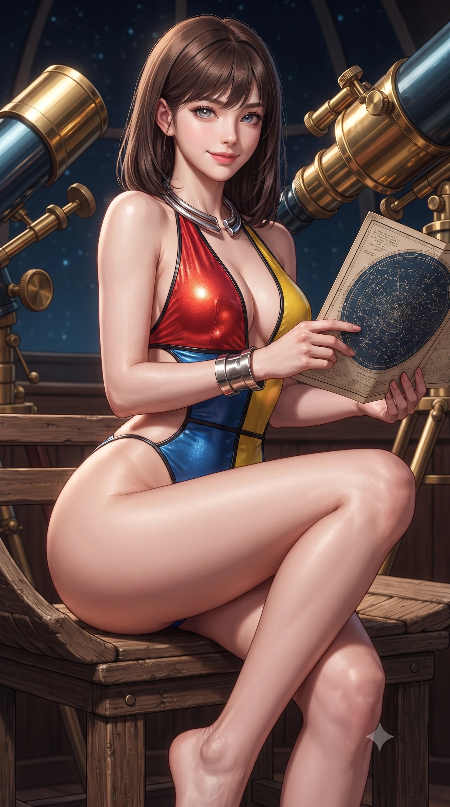 score_9, masterpiece, best quality, ultra-detailed, high-budget anime keyframe, editorial fashion photography, tasteful artistic composition, Korean woman. close-up cowboy shot from the waist and thighs up, the character dominates the composition, filling the frame with her large presence. perched sideways on the lounge seat, one knee drawn up to showcase her slender leg line while her arched back accentuates her feminine hip curve while sitting perched on the observatory wooden ladder with legs crossed, holding an antique star chart with effortless sovereign charm. The surrounding environment is rendered in vivid detail and crisp panoramic clarity: sharp polished brass telescope tube reflections, knurled adjustment knobs, and constellation chart engravings in deep focus. She has an exceptionally elegant, slender, and willowy female figure with an ultra-slim waist, flat toned midriff, narrow ribcage, and sculpted feminine hips creating an alluring, slim hourglass silhouette without bulk. sharp v-shaped jawline, high-bridge nose, sparkling eyes with hypnotic seductive depth, thick curled eyelashes, glossy parted lips with a natural dewy peach sheen, alluring bedroom-eyes with an enchanting coquettish smile, exuding magnetic siren charisma and sophisticated glamour, flawlessly proportioned anatomical accuracy, strict slender model proportions, natural body alignment, perfectly sculpted long slender limbs, ultra-slim waistline, clean dynamic posture without body distortion. wearing a liquid metallic lamé plunge halterneck jumpsuit clinging like a second skin with high-cut side hip cutouts in Mondrian primary red, canary yellow, and electric cobalt blue, woven from buttery-soft stretch lambskin leather adhering to her body like a second skin, finished with a sculptural silver torque collar and a matching wide architectural wrist cuff, the liquid-tight tailored fabric clinging flawlessly to her narrow waist and rounded feminine hips, emphasizing every millimeter of her sculpted slim hourglass curves without any bulky heaviness. illuminated by brass tube specular highlights and sharp cyan-magenta rim lights defining her delicate clavicles, ultra-slim waist, and curvy hips. ultra-reflective glossy finish, specular highlights, rich textural contrasts, high-contrast stereoscopic depth, volumetric dynamic lighting, 2k, ultra detail, master piece, 9:16 ratio