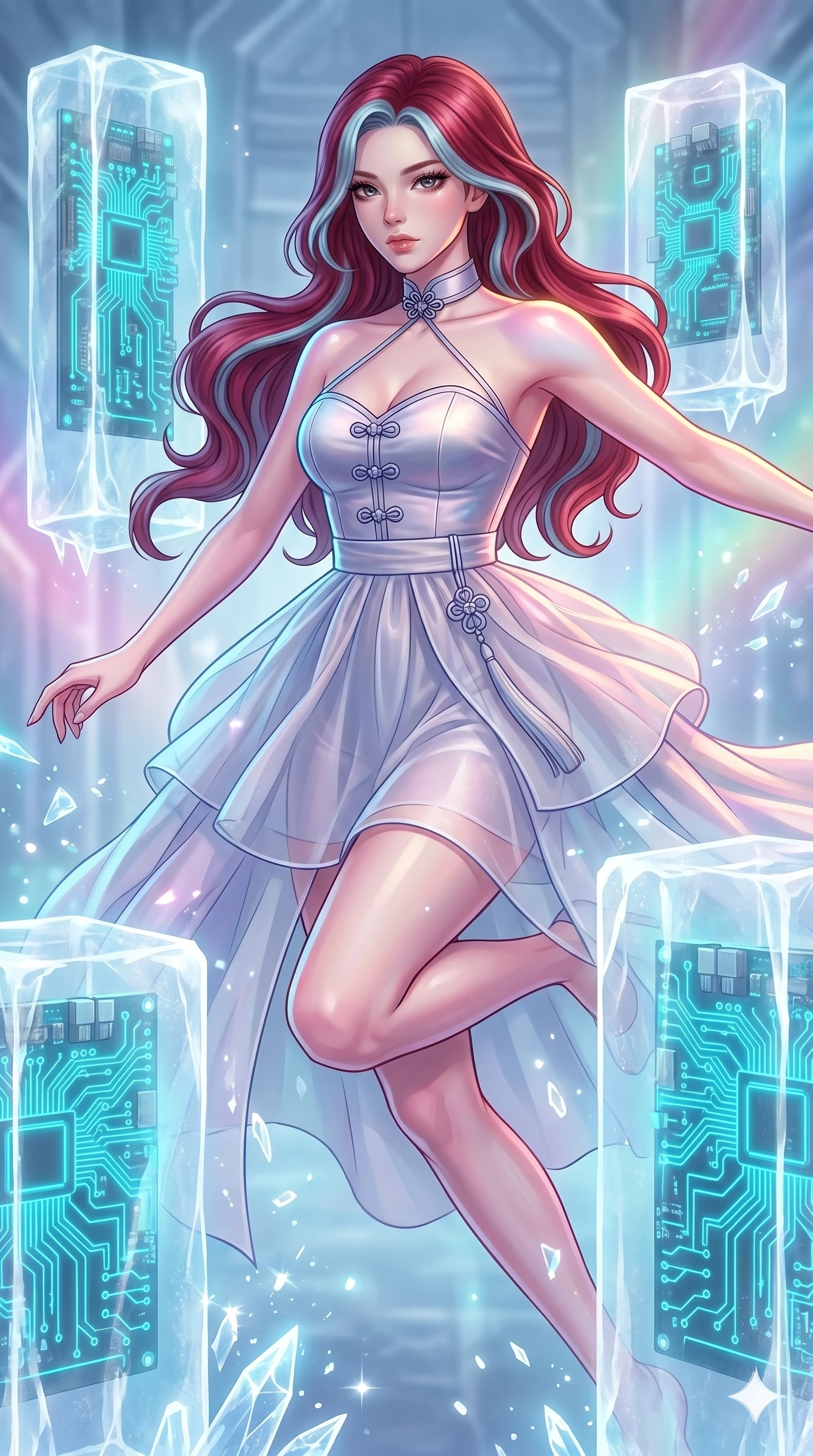 score_9, masterpiece, best quality, ultra-detailed, high-budget anime keyframe, Caucasian woman, strictly human ears. upper body close-up from the thighs up, character filling the screen for maximum presence. leaping inside a sub-zero cybernetic ice temple, where glowing neon cyan computer circuit boards are frozen within transparent ice pillars, fracturing ice crystals into sparkles around her. She has an absolutely perfect 8-heads proportion, an exceptionally tall and slender female figure with impossibly long slender legs and an ultra-slim waist. V-shaped jawline, high-bridge nose, intricate jewel-like eyes with depth, thick eyelashes, glossy lips with a natural sheen.. wearing a modern fusion silk hanbok dress, featuring a silk bustier top, layered sheer organza skirts, and a traditional knot choker. enhanced by a luminous pastel spectrum glow, casting elegant rim lights on her shoulders and jawline. 2k, ultra detail, master piece, 9:16 ratio