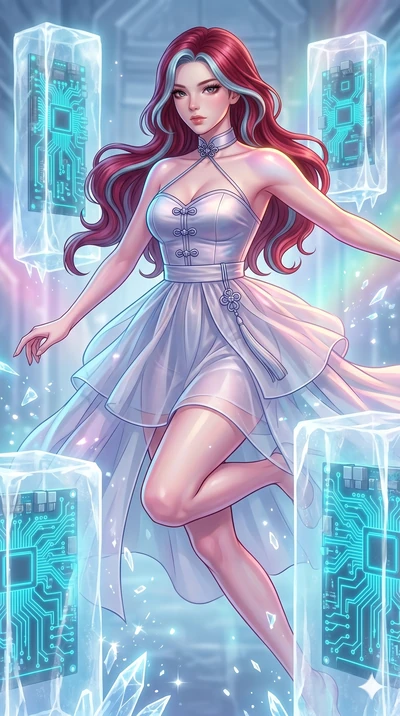 score_9, masterpiece, best quality, ultra-detailed, high-budget anime keyframe, Caucasian woman, strictly human ears. upper body close-up from the thighs up, character filling the screen for maximum presence. leaping inside a sub-zero cybernetic ice 