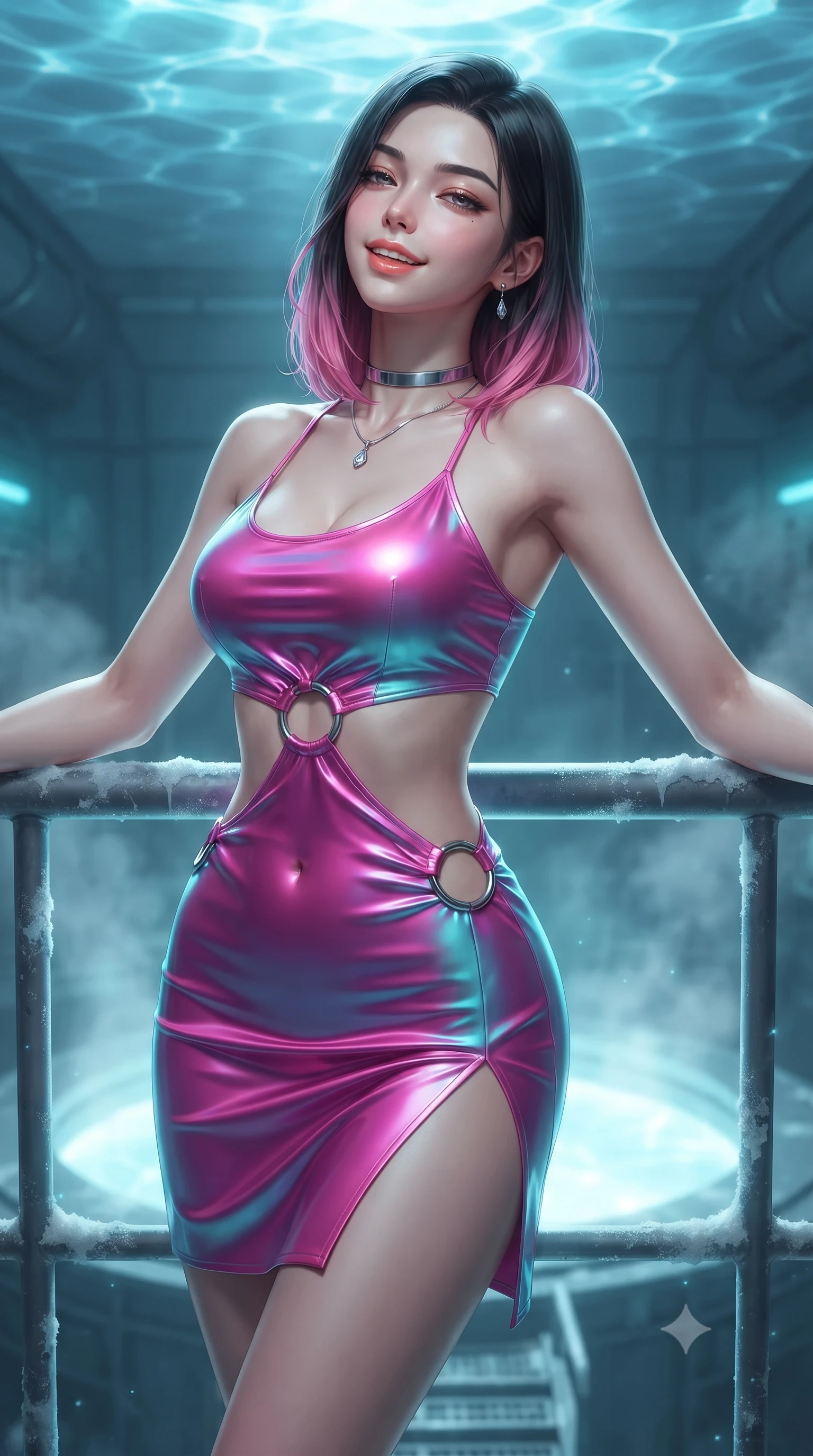 score_9, masterpiece, best quality, ultra-detailed, high-budget anime keyframe, editorial fashion photography, tasteful artistic composition, Korean woman. close-up cowboy shot from the waist and thighs up, the character dominates the composition, filling the frame with her large presence. leaning back against the balustrade with relaxed seductive grace, head tilted back slightly while casting a hypnotic, heavy-lidded gaze while standing poised on the frost-dusted steel gantry surrounding the glowing circular moon-pool, arching her lower back with sovereign supermodel allure as illuminated water caustics ripple across the ceiling. The background shows a soft-focus sub-glacial mineral steam softened in deep-ice submarine launch bay shallow focus. She has an exceptionally elegant, slender, and willowy female figure with an ultra-slim waist, flat toned midriff, narrow ribcage, and sculpted feminine hips creating an alluring, slim hourglass silhouette without bulk. sharp v-shaped jawline, high-bridge nose, intricate jewel-like sparkling eyes with depth, thick eyelashes, glossy parted lips with a natural peach sheen, bright cheerful beaming smile with an enchanting and coquettish sensual glint, exuding both youthful cute charm and seductive allure, flawlessly proportioned anatomical accuracy, strict slender model proportions, natural body alignment, perfectly sculpted long slender limbs, ultra-slim waistline, clean dynamic posture without body distortion. wearing a provocative open-waist combat cutout mini dress framed by polished chrome ring hardware and thigh-high slit in Shinjuku acid-rain magenta and cyan neon, crafted from fluid liquid silk satin that clings smoothly to her narrow waist and rounded hips with a dewy sheen, finished with a minimalist chrome choker and a single teardrop diamond pendant, the impeccably tailored cut draping gracefully along her slender figure with aristocratic poise. illuminated by moon-pool reflection bounce and sharp aquamarine rim lights defining her jawline, narrow waist, and curvy hips. ultra-reflective glossy finish, specular highlights, rich textural contrasts, high-contrast stereoscopic depth, volumetric dynamic lighting, 2k, ultra detail, master piece, 9:16 ratio