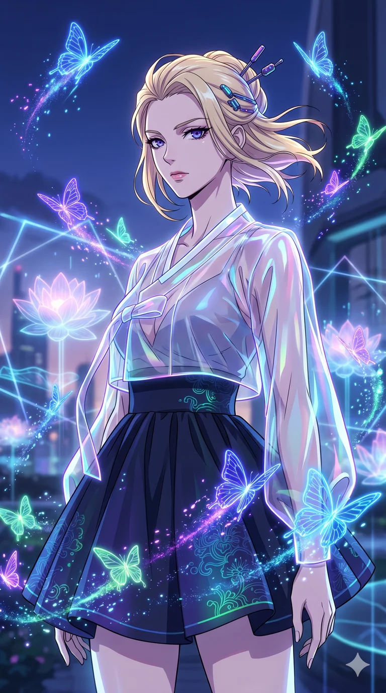 score_9, masterpiece, best quality, ultra-detailed, High-budget Anime Keyframe, vibrant colors, fluid line-art, expressive lighting, cinematic composition, Ufotable-style visual effects, top-tier animation quality, Caucasian woman with pale skin and refined features. Upper body close-up from the thighs up, character filling the screen for maximum presence. Surrounded by a swarm of digital butterflies that leave trails of neon dust. She has an absolutely perfect 8-heads proportion, an exceptionally tall and slender female figure with impossibly long slender legs and an ultra-slim waist, her statuesque height and towering silhouette dominating the vertical 9:16 frame. Her face is a masterpiece featuring a sharp v-shaped jawline, high-bridge nose, intricate jewel-like eyes with depth, thick eyelashes, and glossy lips with a natural sheen. She is wearing a Shortened cyber-hanbok skirt with a transparent jeogori, deep plunging neckline, and traditional silk patterns printed on modern tech-fabrics.. The scene is set in a digital garden filled with holographic lotus flowers and neon butterflies. 2k, ultra detail, master piece, 9:16 ratio