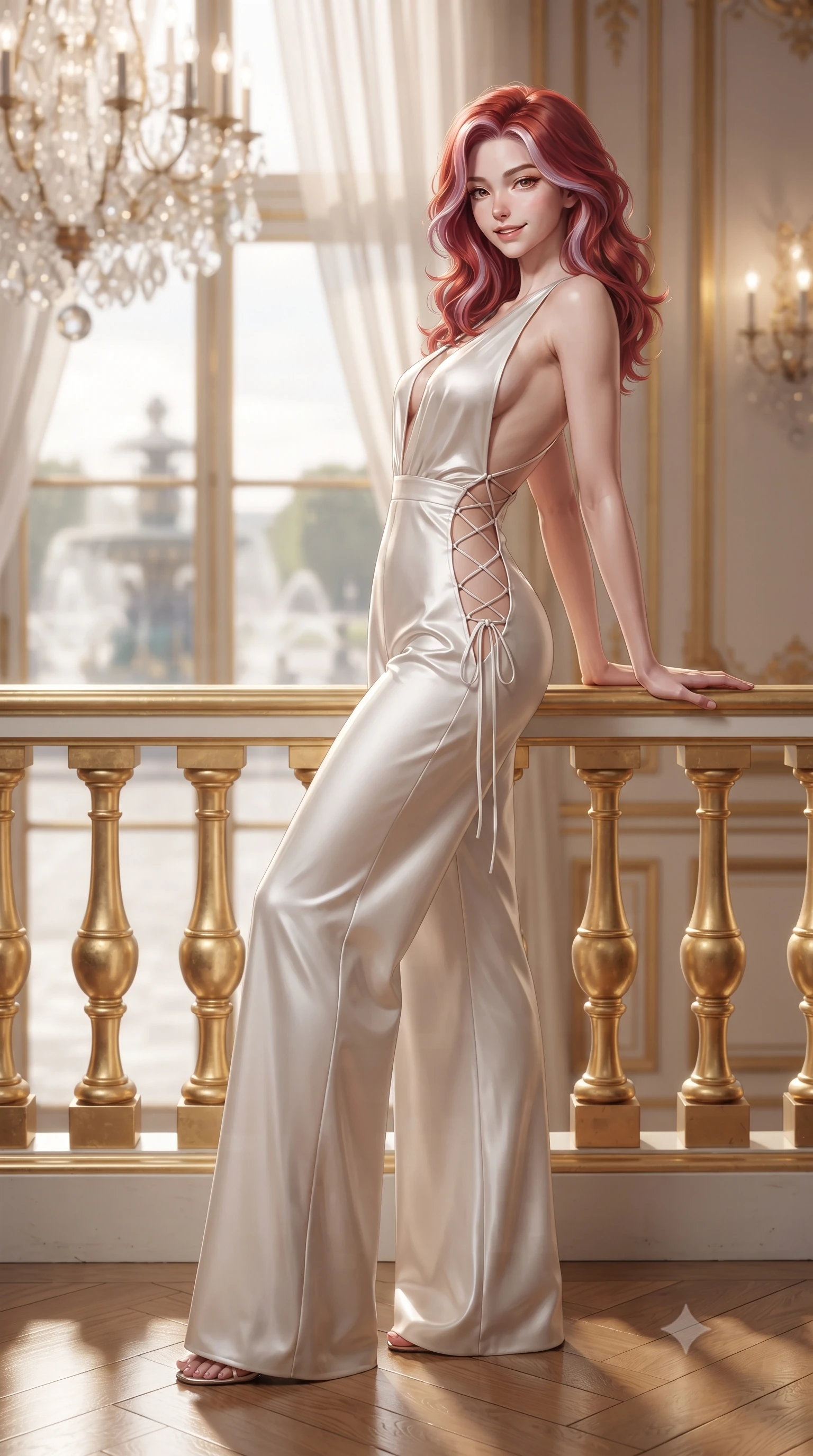 score_9, masterpiece, best quality, ultra-detailed, high-budget anime keyframe, editorial fashion photography, tasteful artistic composition, Caucasian woman. low angle full-body shot from head to toe showing her feet, filling the entire 9:16 vertical frame with her statuesque presence, stretching her vertical silhouette. leaning deep against the balcony balustrade with hips cocked back in an unapologetically alluring high-fashion stance, casting an intoxicating glance while twisting her slender torso in an alluring contrapposto stance, crystal chandelier light and sheer ivory curtain shadows tracing her curves. The background shows a soft-focus Place de la Concorde fountains through soaring French windows, gilded boiserie paneling, and crystal chandeliers blurred into champagne, silver, and gold bokeh. She has an absolutely perfect, statuesque 8.5-heads proportion, an exceptionally tall and slender model-like female figure with impossibly long slender legs, an ultra-slim waist, a flat toned midriff, narrow delicate ribcage, and beautifully sculpted feminine hips creating a graceful, slim hourglass silhouette without any bulky heaviness. sharp v-shaped jawline, high-bridge nose, sparkling eyes with hypnotic seductive depth, thick curled eyelashes, glossy parted lips with a natural dewy peach sheen, alluring bedroom-eyes with an enchanting coquettish smile, exuding magnetic siren charisma and sophisticated glamour, flawlessly proportioned anatomical accuracy, strict slender model proportions, natural body alignment, perfectly sculpted long slender limbs, ultra-slim waistline, clean dynamic posture without body distortion. wearing a backless plunge-front silk satin jumpsuit with fluid wide-leg silhouette and side hip cutouts in pure pearl alabaster with platinum sheen, tailored from ultra-plush velvet with rich tactile depth and deep shadow gradients, featuring fine criss-cross lace-up side ties revealing tantalizing glimpses of her hip curve, the precision-cut side openings and low-back scoop framing her graceful spine and the sensual sweep of her slim, toned hips. illuminated by polished parquet bounce and sharp warm-gold rim lights sculpting her razor-sharp jawline, narrow waist, and curvy hips. ultra-reflective glossy finish, specular highlights, rich textural contrasts, high-contrast stereoscopic depth, volumetric dynamic lighting, 2k, ultra detail, master piece, 9:16 ratio