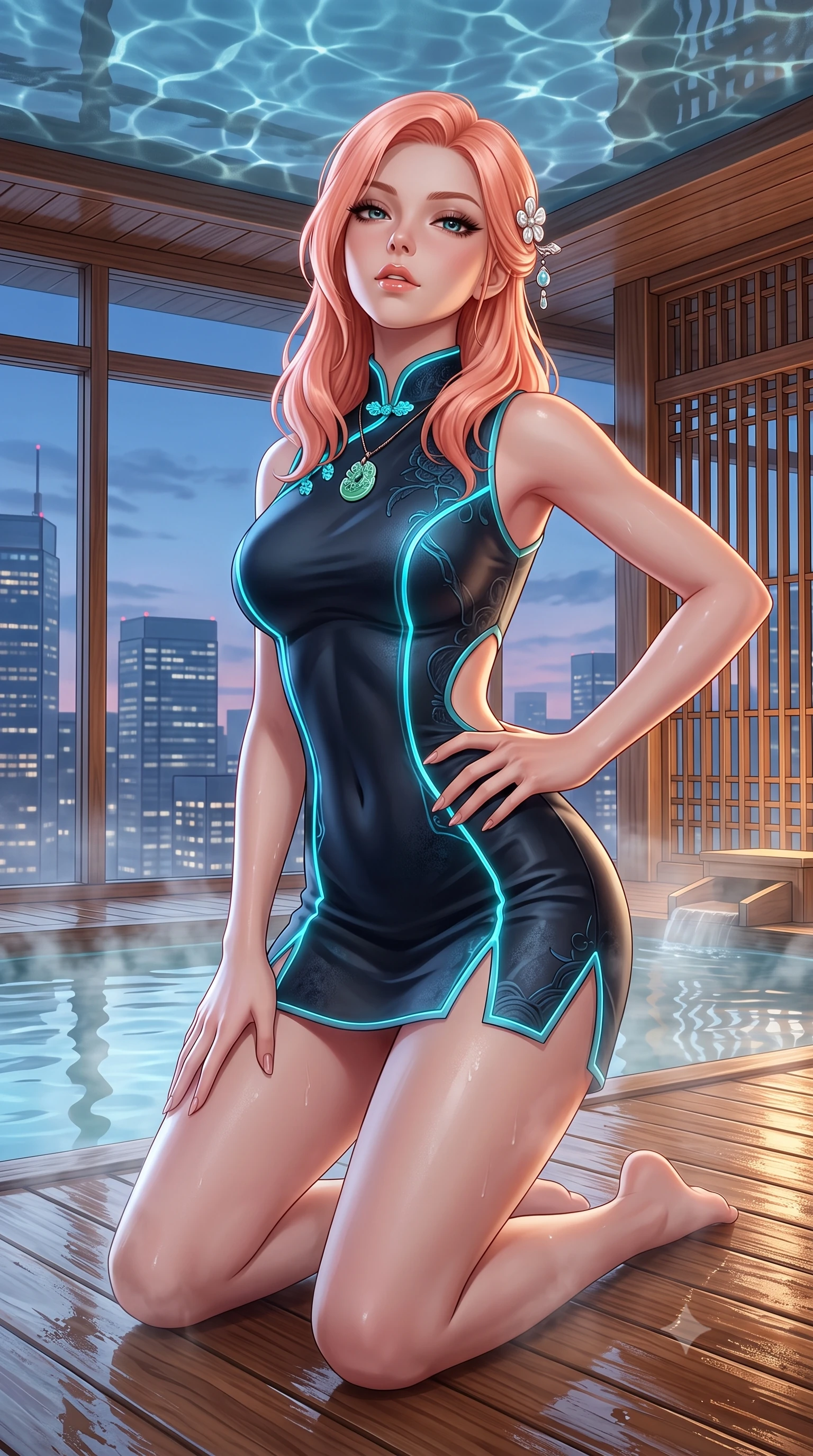 score_9, masterpiece, best quality, ultra-detailed, high-budget anime keyframe, semi-realistic 3D game render, editorial fashion photography, tasteful artistic composition, Japanese woman. close-up cowboy shot from the waist and thighs up, the character dominates the composition, filling the frame with her large presence. tilting her chin up with proud, sovereign allure while gazing through thick eyelashes, one hand resting on her waist in pure supermodel charisma while kneeling gracefully on the warm wet cedar deck, one hand resting on her bare hip as thermal steam caresses her feminine curves. The surrounding environment is rendered in vivid detail and crisp panoramic clarity. detailed mineral pool ripple caustics, cedar lattice work, and city skyscraper windows in high clarity. She has an exceptionally elegant, slender, and willowy female figure with an ultra-slim waist, a gracefully sculpted slender torso, toned flat midriff, and rounded feminine hips creating an alluring hourglass silhouette. sharp v-shaped jawline, high-bridge nose, intricate jewel-like eyes with depth, thick eyelashes, glossy parted lips with a natural sheen, intensely captivating and seductive bedroom-eyes expression, flawlessly proportioned anatomical accuracy, strict slender model proportions, natural body alignment, perfectly sculpted long slender limbs, ultra-slim waistline, clean dynamic posture without body distortion. wearing a futuristic embroidered qipao mini dress with glowing fiber-optic seams and side cutouts in dark ink-wash black and radiant moonlight cyan, crafted from weightless prism organza that refracts light with every motion, accented with mother-of-pearl hair ornaments and a carved jade pendant, the second-skin form-contouring cut accentuating her sculpted flat midriff, narrow waistline, and dramatically curvy hips without adding bulk. surrounded by an intimate, tranquil, and deeply sensual Japanese skylounge muse aura. highly saturated vibrant anime colors, detailed shading with soft gradients, rich glossy textures, high-contrast stereoscopic depth, volumetric dynamic lighting, master piece, 9:16 ratio