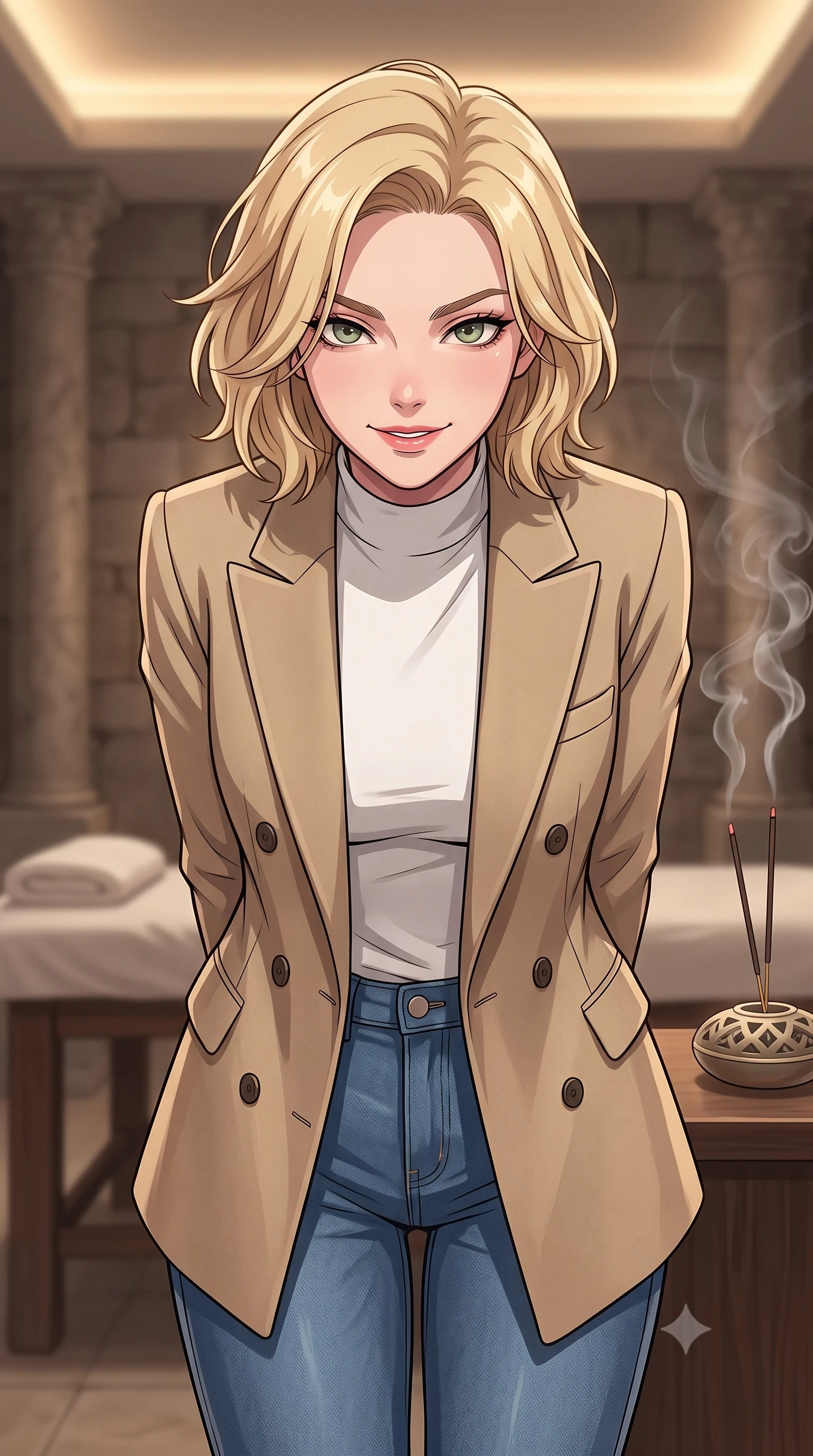 score_9, masterpiece, best quality, ultra-detailed, high-budget anime keyframe, tasteful artistic composition, Caucasian woman. close-up cowboy shot from the waist and thighs up, the character dominates the composition, filling the frame with her large presence, background elements kept in soft focus. leaning slightly forward with a playful, teasing smile, her gaze locked onto the viewer the background shows a soft-focus a high-end spa suite room with stone pillars and soft incense smoke rising. She has an exceptionally elegant, slender, and willowy female figure with an ultra-slim waist, a gracefully sculpted slender torso, and a refined silhouette. sharp v-shaped jawline, high-bridge nose, intricate jewel-like eyes with depth, thick eyelashes, glossy lips with a natural sheen. wearing a slim-fit tailored double-breasted blazer in sand wool, worn over a white mock-neck tee and denim jeans. low-contrast, soft warm ambient uplight casting a peaceful glow. highly saturated vibrant anime colors, cel-shading, 2d style, master piece, 9:16 ratio