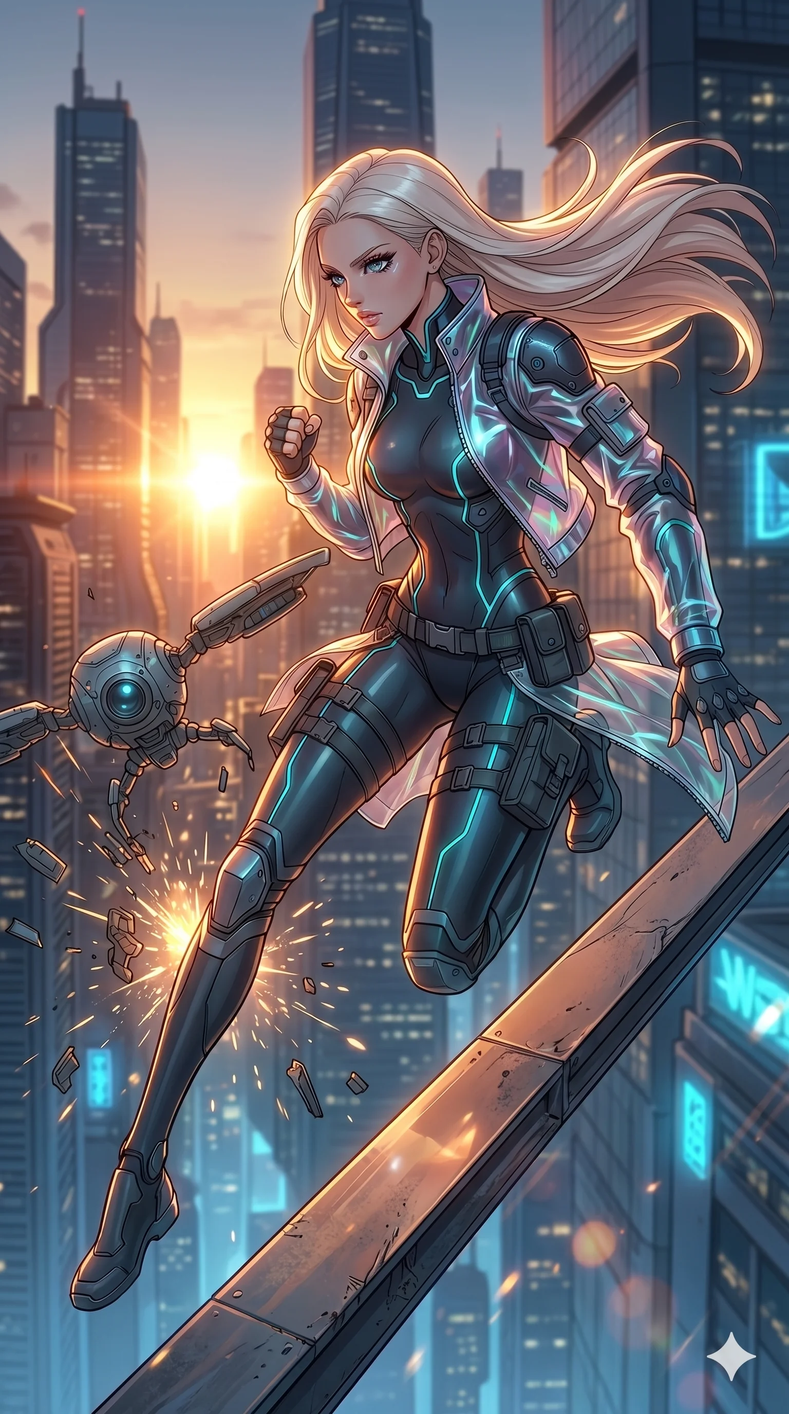 score_9, masterpiece, best quality, ultra-detailed, high-budget anime movie keyframe, cinematic anime lighting, intricate line art, Japanese anime girl. Mid-air action shot capturing a graceful twist and vertical silhouette. kicking a drone out of the air while balancing on a narrow beam. She has an absolutely perfect 8-heads proportion, an exceptionally tall and slender female figure with an ultra-slim waist and impossibly long slender legs. strictly human anatomy, two legs only, no extra limbs, clearly defined legs and arms, perfect anatomy, perfect hands and fingers. sharp v-shaped jawline, high-bridge nose, intricate jewel-like eyes, thick eyelashes, glossy lips. Wearing Tech-Fantasy: Cybernetic tech-suit with glowing seams, translucent PVC over leotard, and modular tactical gear. The scene is illuminated by dramatic atmospheric lighting and vibrant color palettes. , 2k, ultra detail, master piece, 9:16 ratio