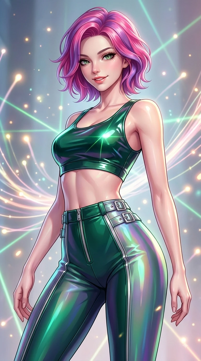 score_9, masterpiece, best quality, ultra-detailed, high-budget anime keyframe, editorial fashion photography, tasteful artistic composition, Caucasian woman. close-up cowboy shot from the waist and thighs up, the character dominates the composition, filling the frame with her large presence, background elements kept in soft focus. Warm delightful smile while casting a playful, joyful side-gaze with heavy lashes and a glowing expression while pivoting her torso in a dynamic S-curve alignment as light threads pulse with happiness, glowing fiber optic motes drifting like fireflies in the cheerful background. She has an exceptionally elegant, slender, and willowy female figure with an ultra-slim waist, a gracefully sculpted slender torso, and a refined silhouette. sharp v-shaped jawline, high-bridge nose, intricate jewel-like eyes with depth, thick eyelashes, glossy lips with a natural sheen, flawlessly proportioned anatomical accuracy, natural body alignment, perfectly sculpted elegant limbs, clean dynamic posture without body distortion. wearing a glossy vinyl crop top and high-waist tailored leggings with sleek zippers in deep emerald green and silver accent, crafted from iridescent chiffon that shifts colors in the light, detailed with polished silver buckles along the waistline, the glove-like fit emphasizing her statuesque silhouette during motion. bathed in sharp geometric laser grid highlights and soft airy ambient fill. highly saturated vibrant anime colors, detailed shading with soft gradients, rich glossy textures, high-contrast stereoscopic depth, volumetric dynamic lighting, master piece, 9:16 ratio
