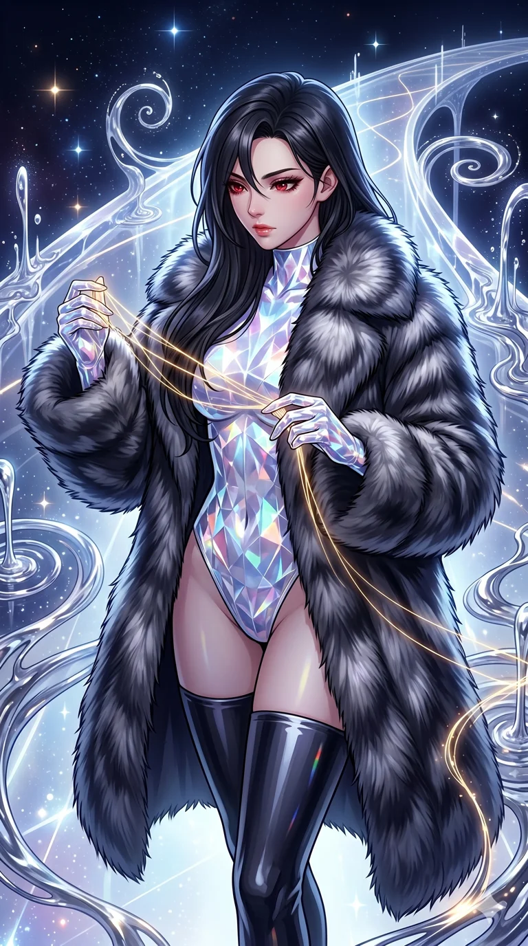 첨부의 캐릭터를 고정하여, 절대로 의상과 포즈를 동일하게 하지 말고 현재 프롬프트 기반으로 이미지를 완전히 재구성해야해. score_9, masterpiece, best quality, ultra-detailed, high-budget anime movie keyframe, cinematic anime lighting, intricate line art, Korean woman. Medium shot of upper body capturing the intricate details of her high-fashion attire. weaving threads of light in a celestial bridge made of light with liquid mercury fountains. She has an absolutely perfect 8-heads proportion, an exceptionally tall and slender female figure with an ultra-slim waist and impossibly long slender legs. sharp v-shaped jawline, high-bridge nose, intricate jewel-like eyes, thick eyelashes, glossy lips. Wearing seasonal winter-couture featuring a plush oversized faux-fur coat worn over a skin-tight crystalline leotard and thigh-high stiletto boots. The scene is illuminated by dramatic atmospheric lighting and vibrant color palettes. , 2k, ultra detail, master piece, 9:16 ratio