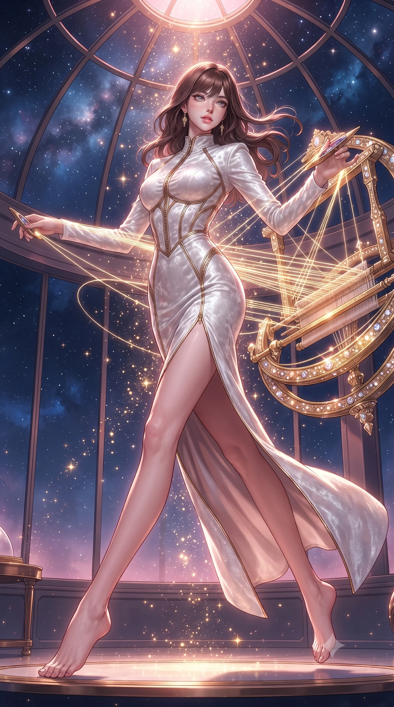 score_9, masterpiece, best quality, ultra-detailed, high-budget anime keyframe, editorial fashion photography, tasteful artistic composition, Korean woman. low angle full-body shot from head to toe showing her feet, filling the entire 9:16 vertical frame with her statuesque presence, stretching her vertical silhouette. leaping dynamically through the luminous sky, her posture full of power and elegance, inside a floating cosmic observatory threading brilliant starlight threads through a golden celestial loom, golden starlight particles falling around her like a radiant shower. She has an absolutely perfect, statuesque 8.5-heads proportion, an exceptionally tall and slender model-like female figure with impossibly long slender legs and an ultra-slim waist. sharp v-shaped jawline, high-bridge nose, intricate jewel-like eyes with depth, thick eyelashes, glossy lips with a natural sheen. wearing sculpted form-fitting crushed white velvet column gown in radiant platinum, made of soft rose-gold satin, finished with metallic gold boning and sleek zipper points, following her slender form with tailored precision. bathed in radiant cosmic pink and deep navy blue ambient lighting. ultra-reflective glossy finish, specular highlights, metallic sheen, high-contrast stereoscopic depth, volumetric dynamic lighting, 2k, ultra detail, master piece, 9:16 ratio